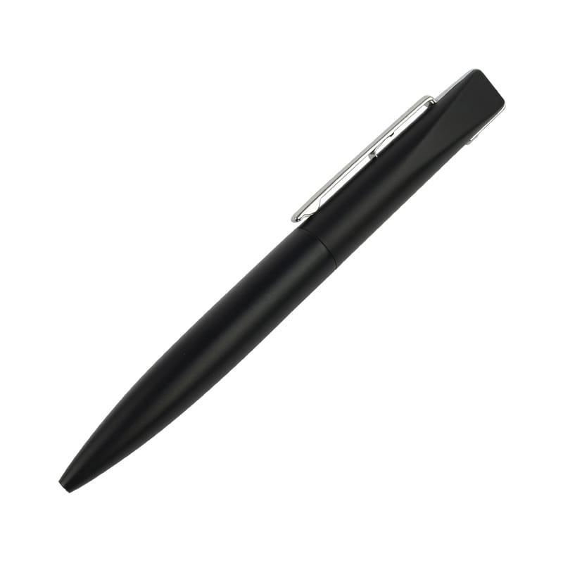 A black metal pen with a sleek design and a chrome clip, featuring a logo on the side. Helium USB Pen - Image 1