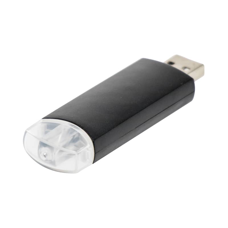 A black flash drive with a transparent cap and a silver USB connector, featuring a logo. Pavo Twist Flash Drive - Image 1