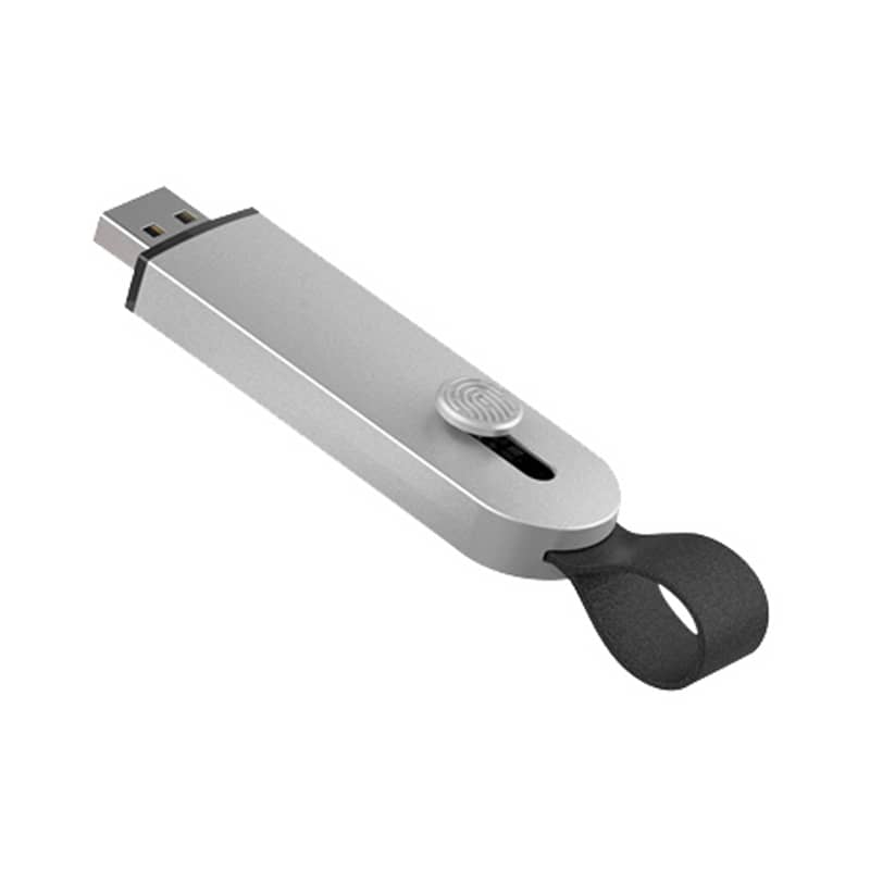 A silver USB flash drive with a black loop attachment and a fingerprint sensor. Avior Flash Drive - Image 1