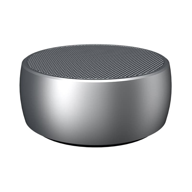 A round, silver wireless speaker with a mesh top, featuring a sleek and modern design. Hudson Wireless Speaker - Image 1