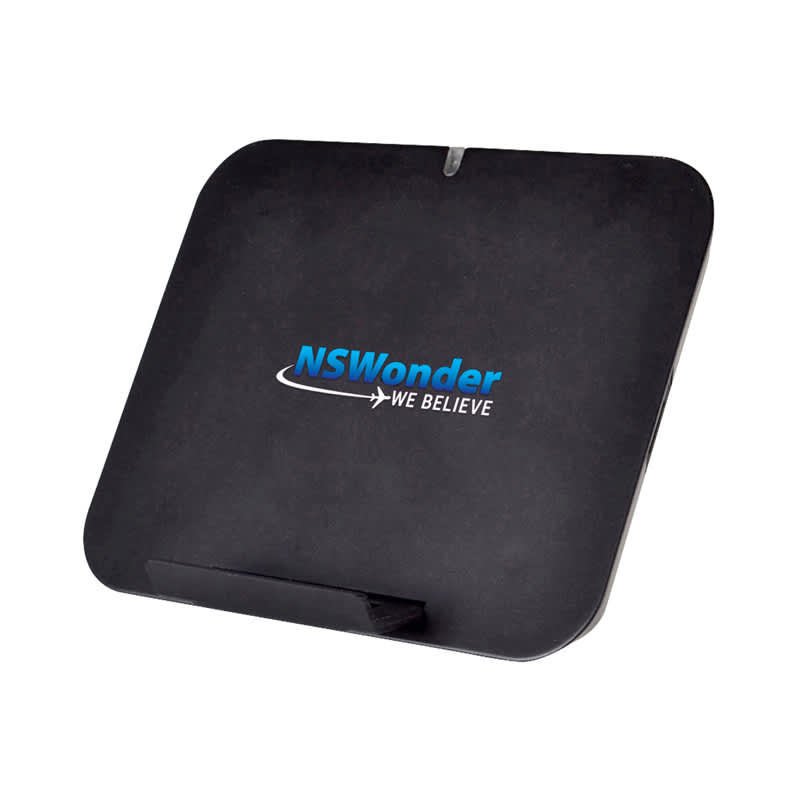 A black wireless charger stand featuring a logo, designed for charging smartphones. Clifton Wireless Charger Stand - Image 1