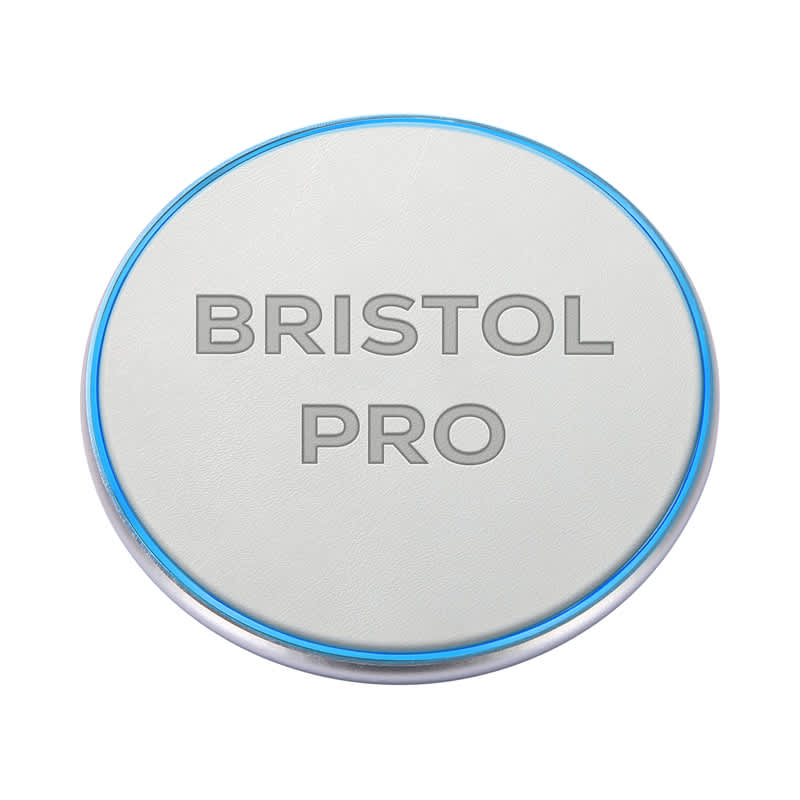 A round, light grey wireless charger with a blue edge and a logo on the surface. Bristol Pro 15W Fast Wireless Charger - Image 1
