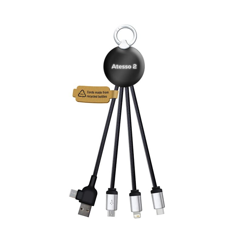 A black charging cable with multiple connectors, featuring a round holder and made from recycled materials. Atesso II LED Charge Cable - Image 1