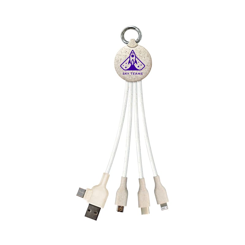 A wheat straw charging cable in white with multiple connectors, attached to a round keyring with a logo. Atesso II Wheat Straw Charge Cable - Image 1