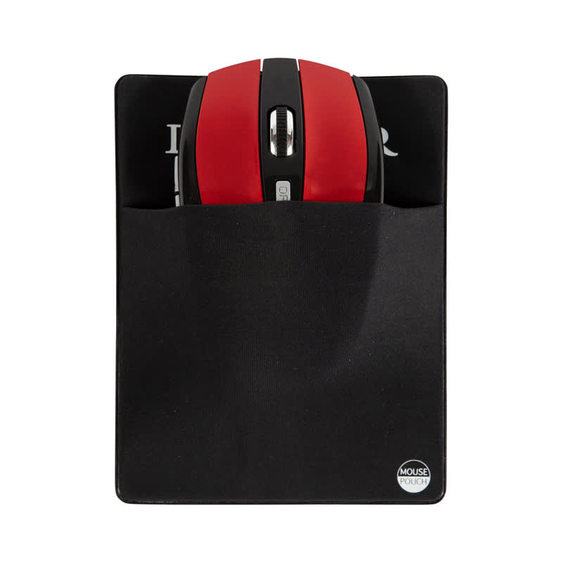 A red computer mouse tucked into a black pouch with a logo, set against a white background. Hamilton Mouse Pouch - Image 1