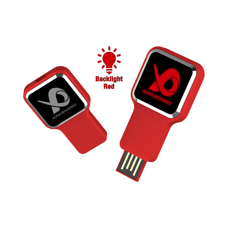 A red flash drive with a square design and a logo on the front, featuring a backlight illumination. Oatley Flash Drive - Image 1