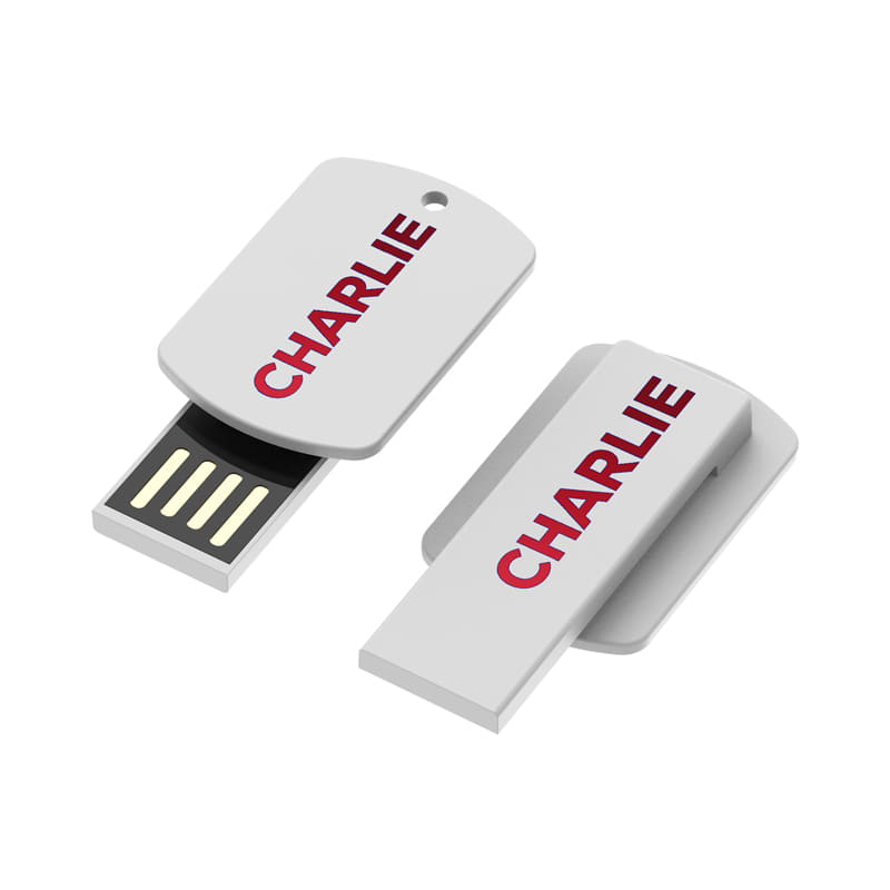 A grey flash drive with a white casing features a sliding design and has a logo on it. Charlie Clip Flash Drive - Image 1