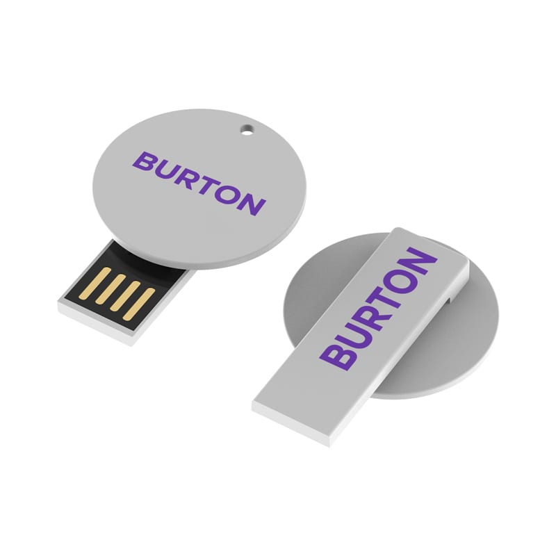 A grey Burton Clip Flash Drive with a circular and rectangular design, featuring a logo. Burton Clip Flash Drive - Image 1