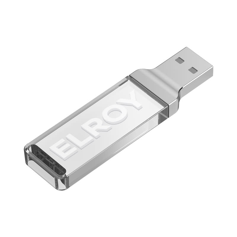 A clear USB flash drive with a sleek design and a logo on its surface. Elroy Flash Drive - Image 1