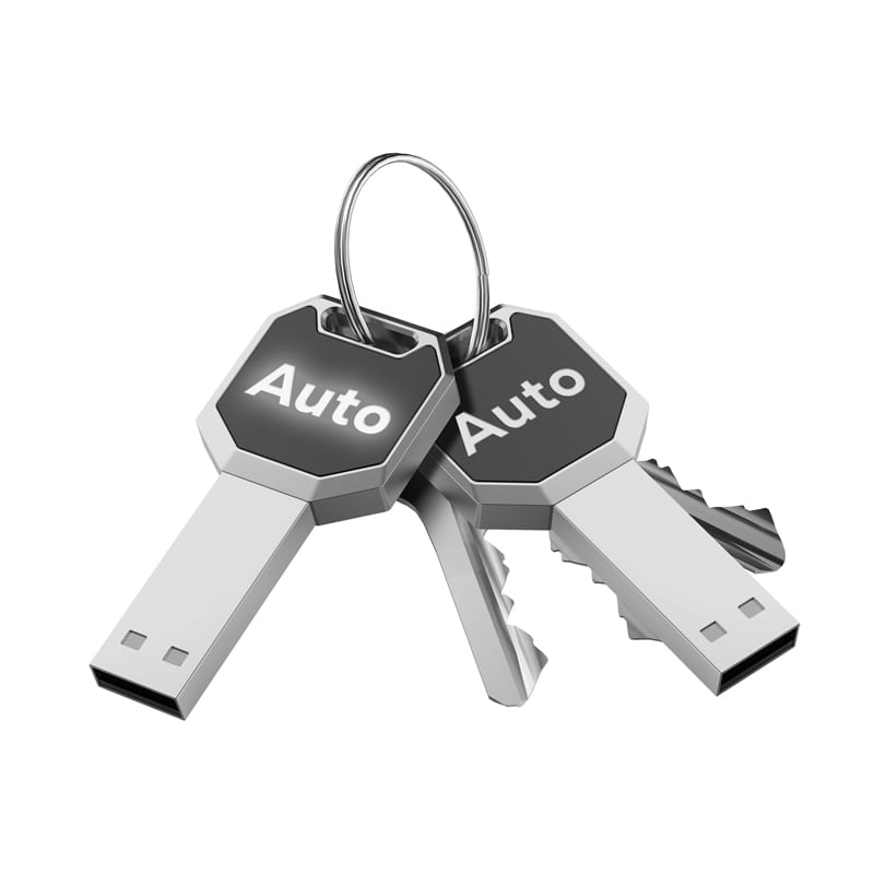 A silver LED flash drive shaped like a key, attached to a metal keyring, with a logo. Auto LED Flash Drive - Image 1