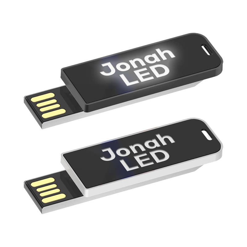 A black and silver Jonah LED clip flash drive featuring a glowing logo. It has a USB connector. Jonah LED Clip Flash Drive - Image 1