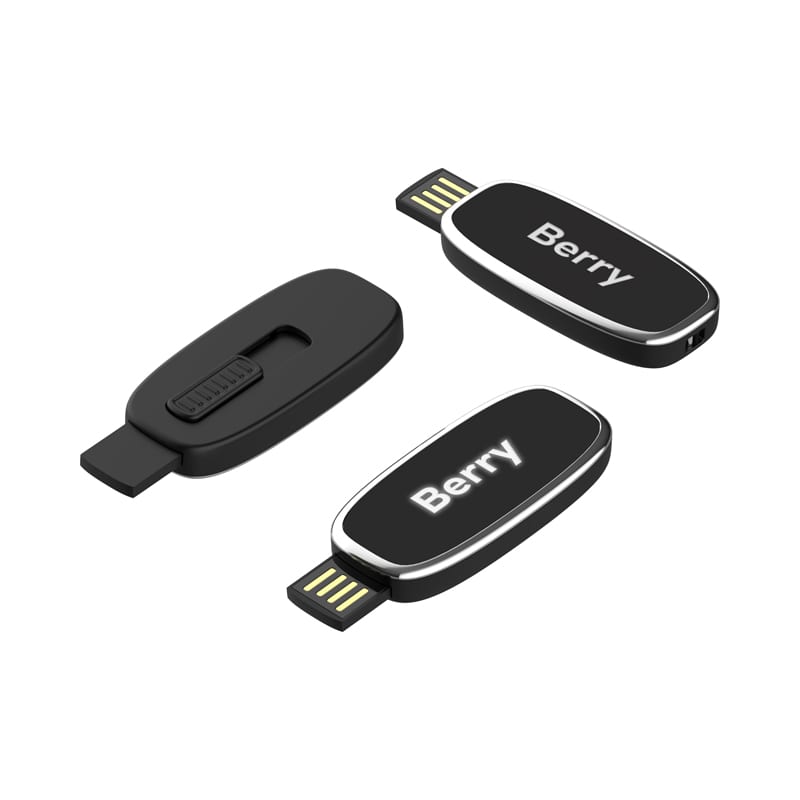 A black Berry LED flash drive with a sleek design, featuring a logo on its surface. Berry LED Flash Drive - Image 1