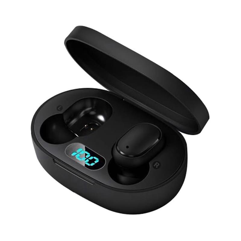 Black Hastings Pro TWS Earbuds in a charging case with a digital display, showcasing the earbuds inside. Hastings Pro TWS Earbuds - Image 1