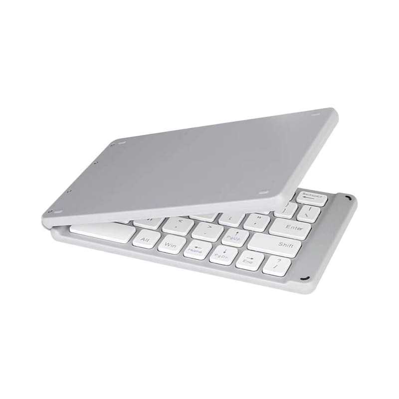 A grey foldable Bluetooth keyboard with white keys, featuring a sleek design and a logo on the surface. Zeus Foldable Bluetooth Keyboard - Image 1