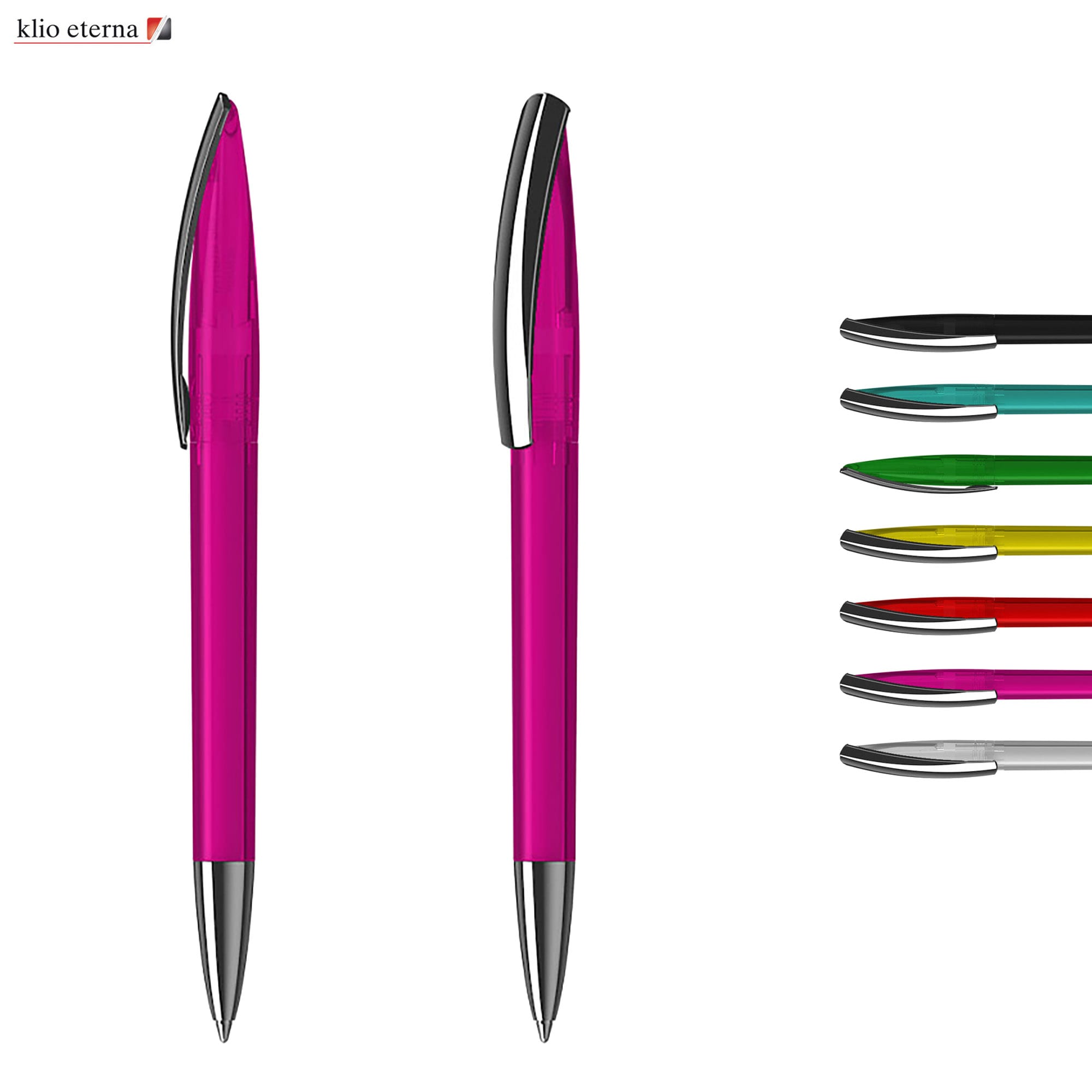 A set of plastic pens in various colours, including a vibrant pink pen with a metallic clip. Arca MM Transparent - Image 1