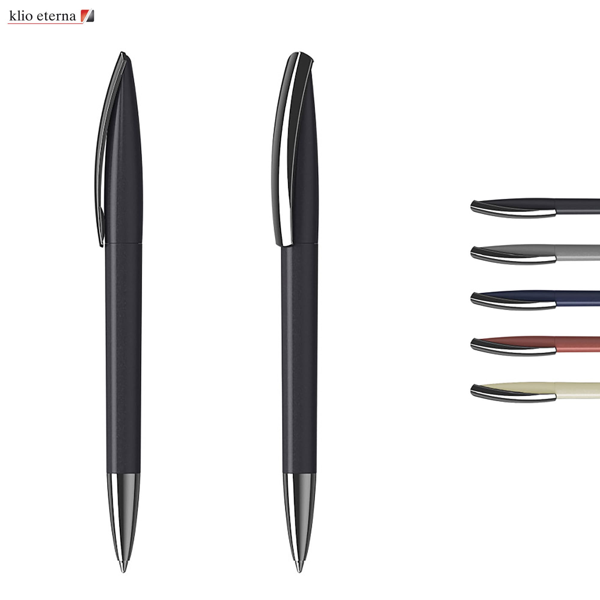 A set of metallic pens in black, silver, navy, red, cream, and burgundy, featuring a logo on the top left. Arca MM Metallic - Image 1