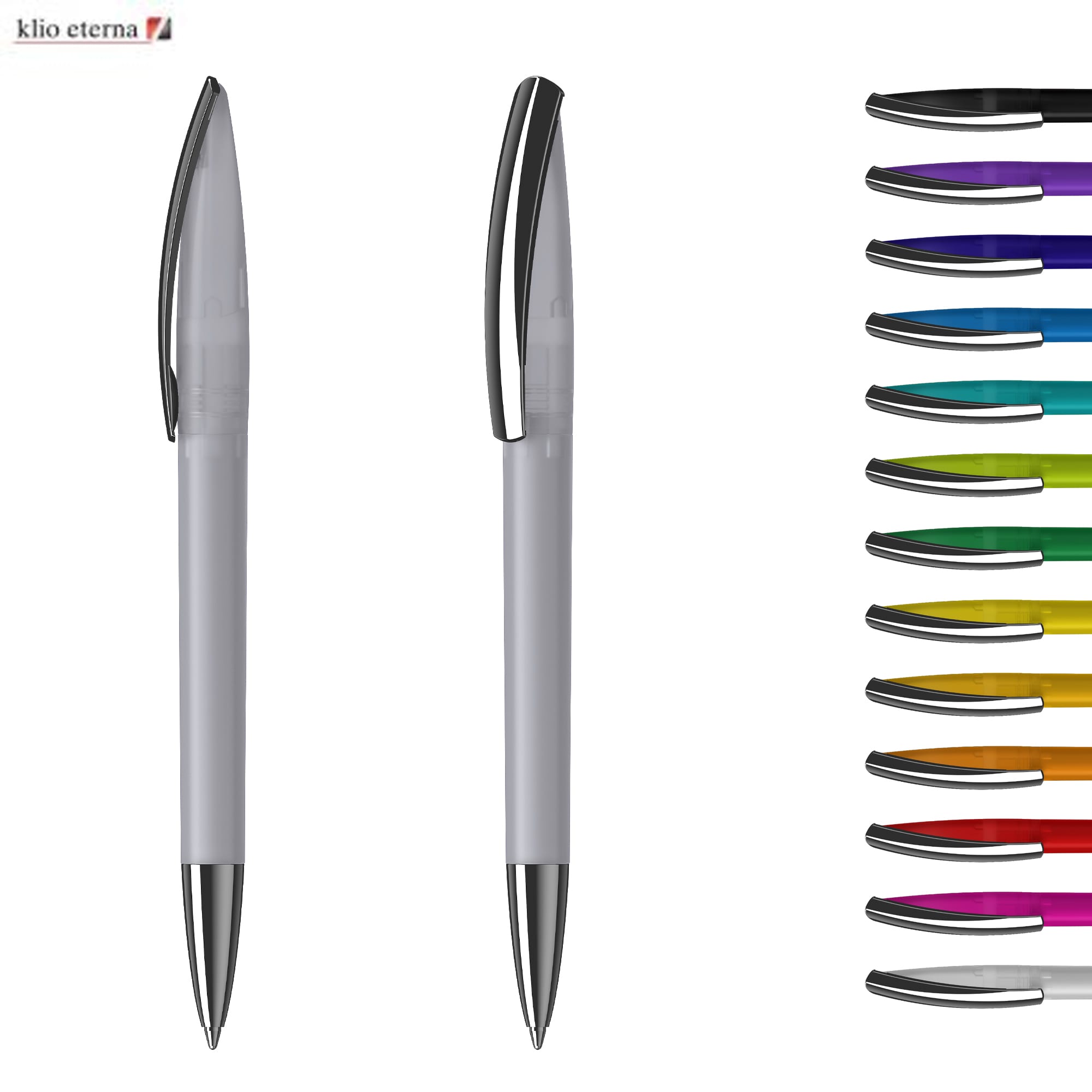 A grey plastic pen with a silver clip, displayed alongside various ink colours in a row on the right. ARCA Softfrost MMn - Image 1