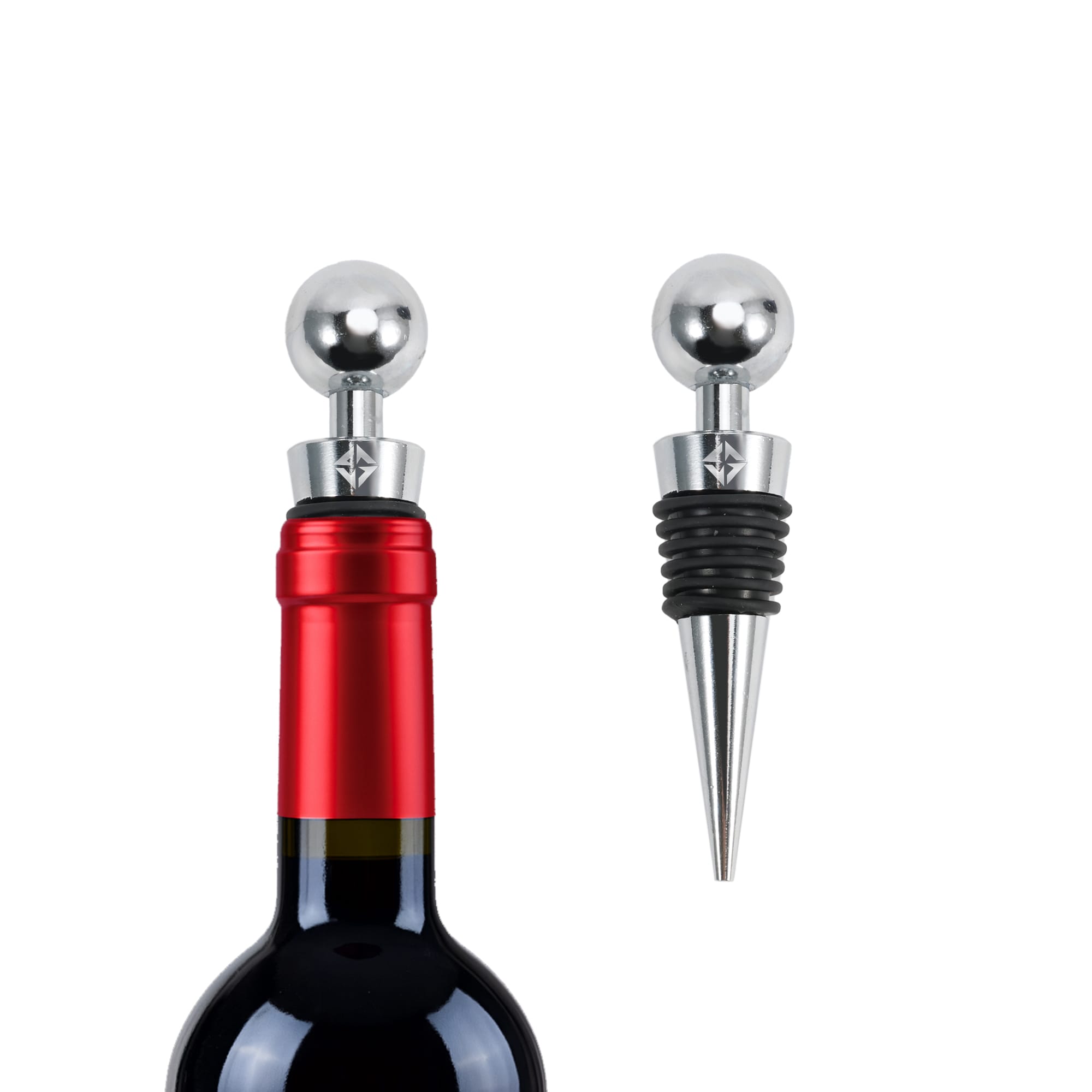 A drink bottle features two vacuum sealed bottle stoppers in silver and black, with a shiny spherical top. Vacuum Sealed Bottle Stopper - Image 1