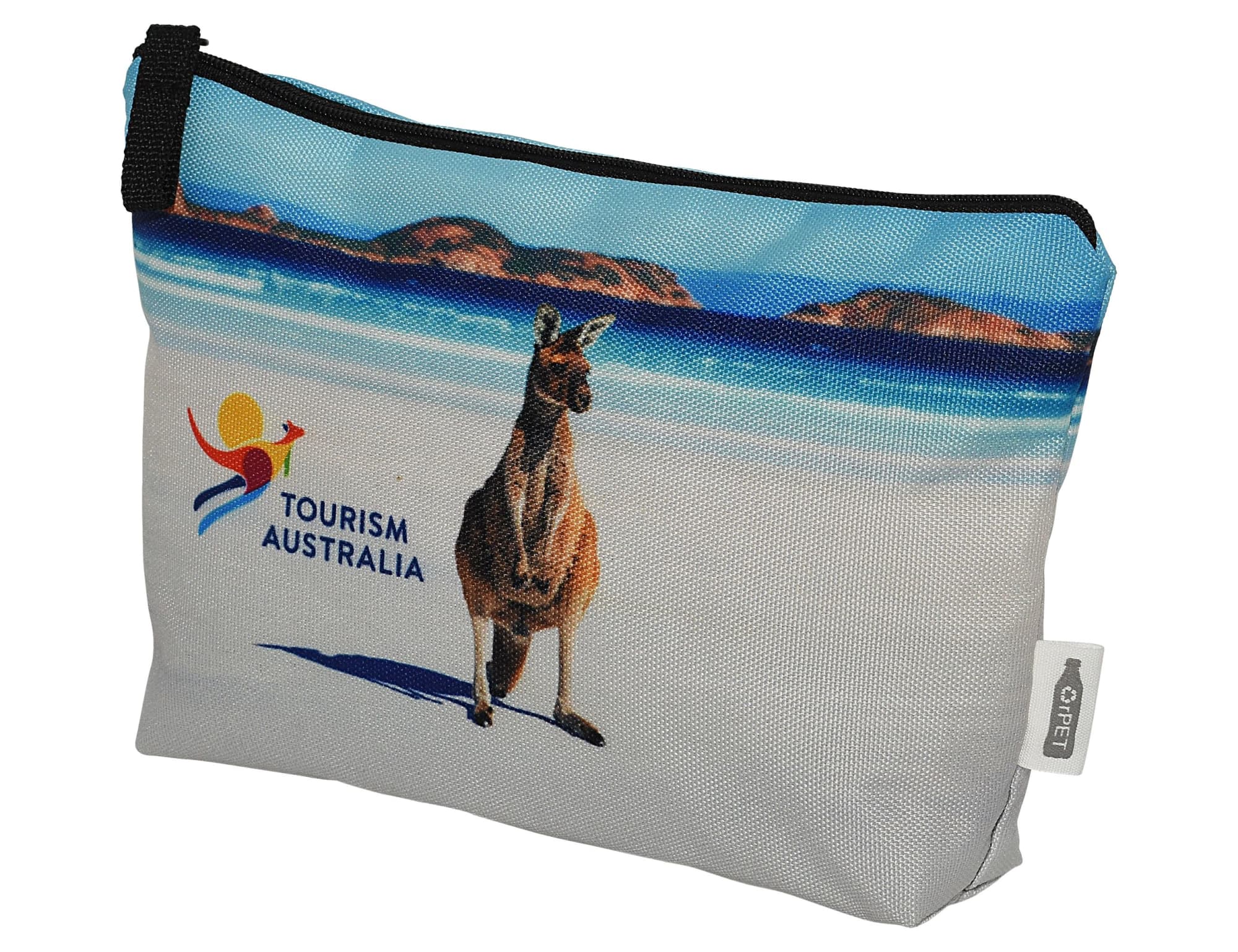 A toiletry/makeup bag featuring a kangaroo and beach scene, with a zipper closure and a logo. Predominantly in white and blue. Spectra rPET Toiletry/Makeup Bag 14.5cm x 22.5cm x 5cm - Image 1