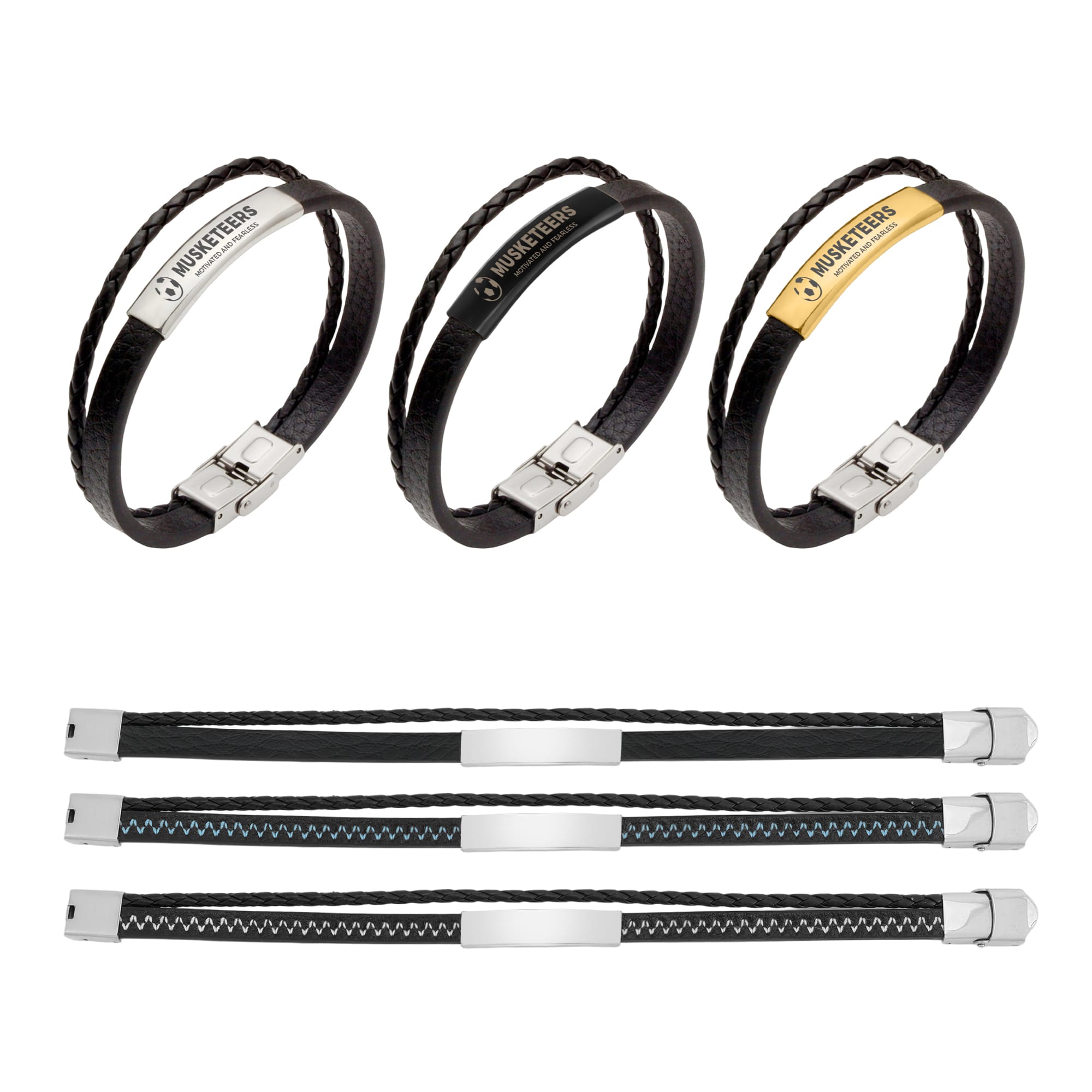 A set of double-layer leather bracelets in black and gold, featuring metal clasps and branding. Double-layer PU Leather Bracelet - Image 1