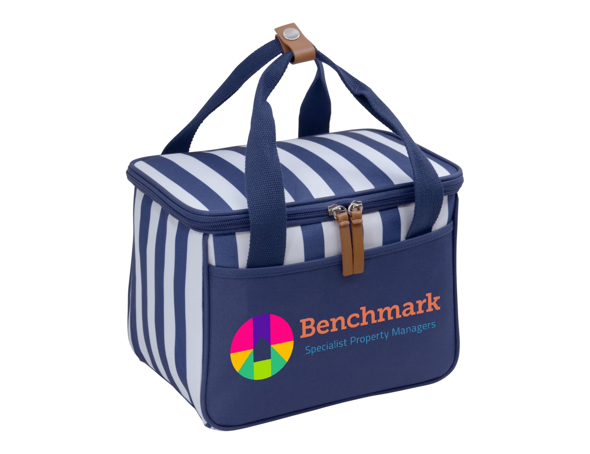 A navy cooler bag with white stripes, featuring a logo and two sturdy handles. Ascot Picnic Cooler, Navy - Image 1