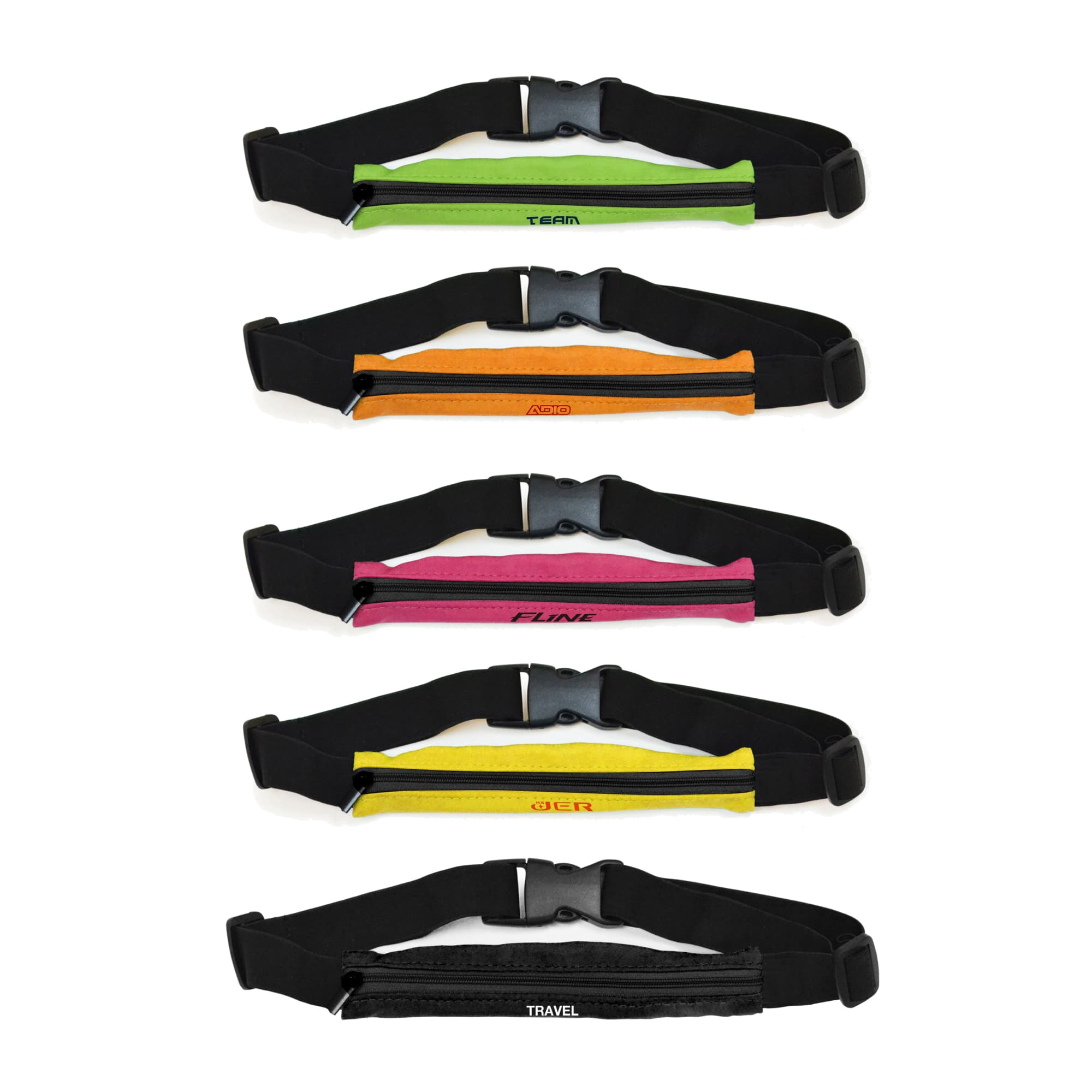 A range of running belts in vibrant colours including green, orange, pink, yellow, and black, with adjustable straps. Running Belt - Image 1