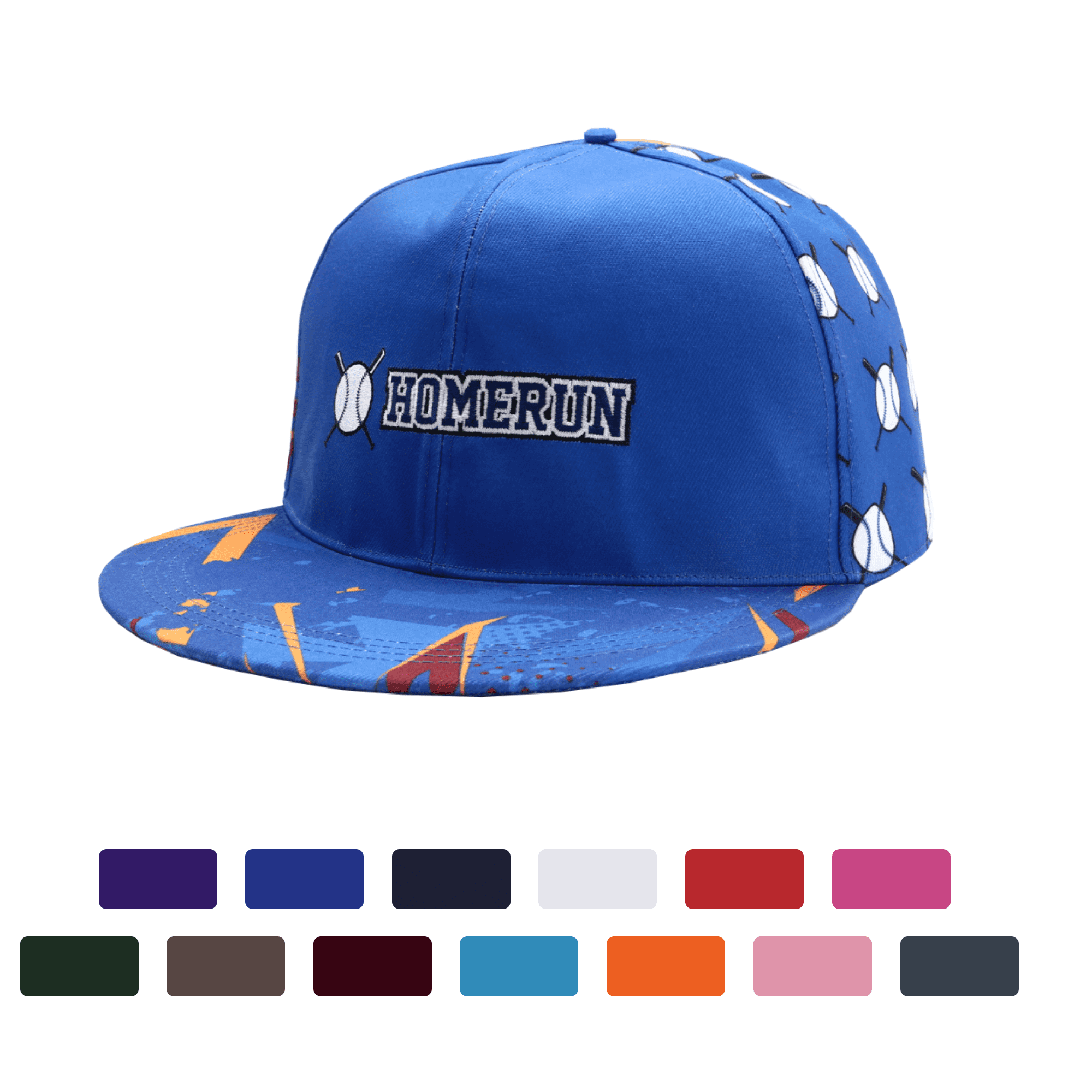 A blue baseball cap featuring a pattern of baseballs and a logo, available in multiple colours below. Giant Baseball Cap - Image 1