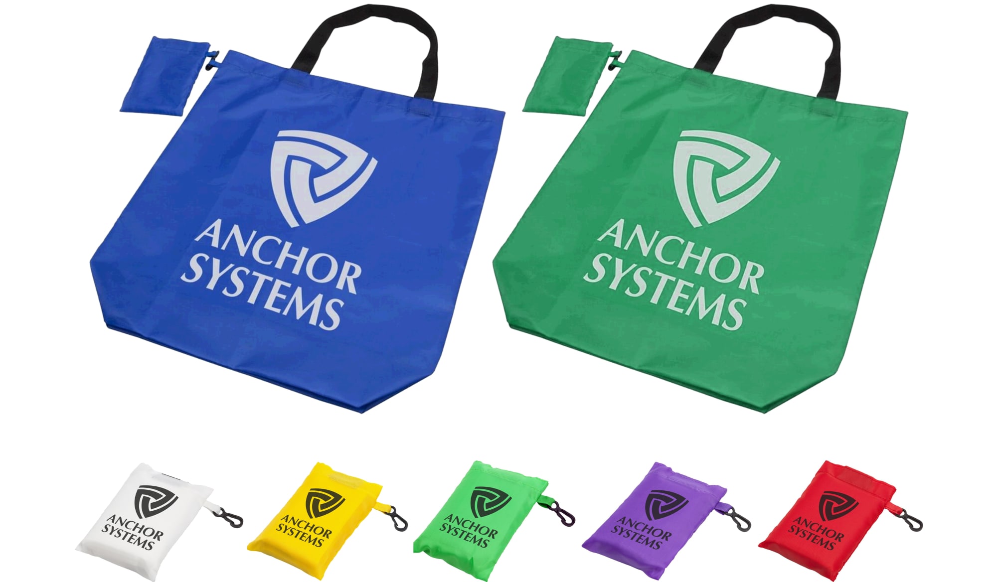 Two reusable grocery bags in blue and green, each with a logo, alongside various coloured pouches for storage. Handi-Shopper - Image 1
