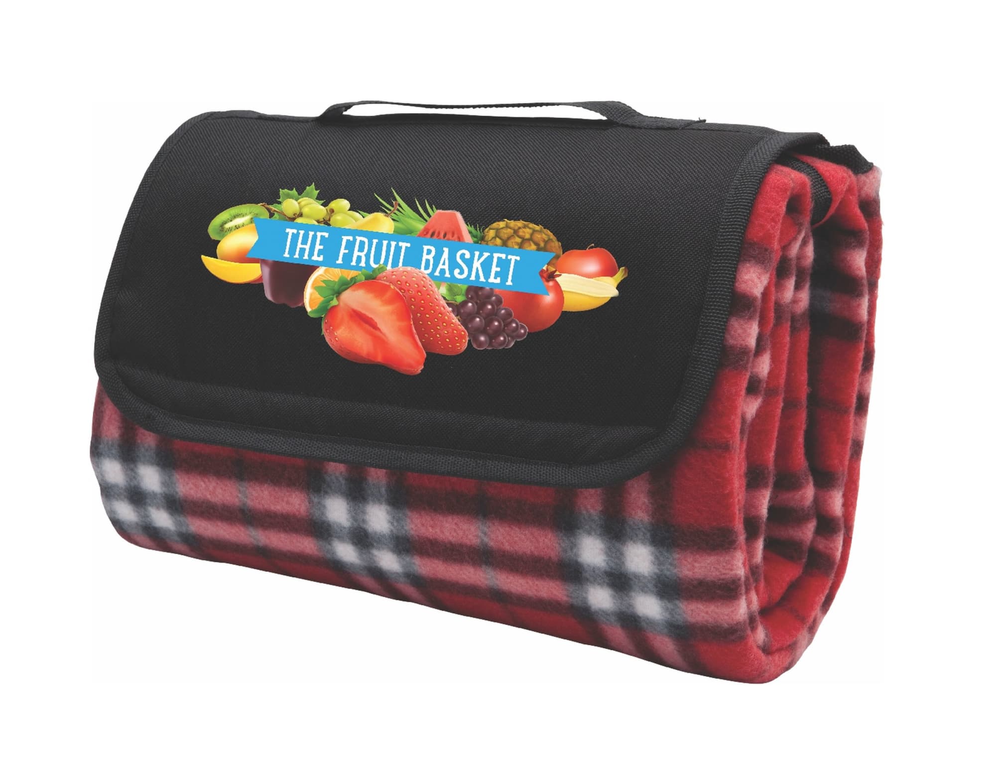 A red check picnic rug with a black flap and a logo of assorted fruits on the front. Antigua Picnic Rug, Red Check - Image 1