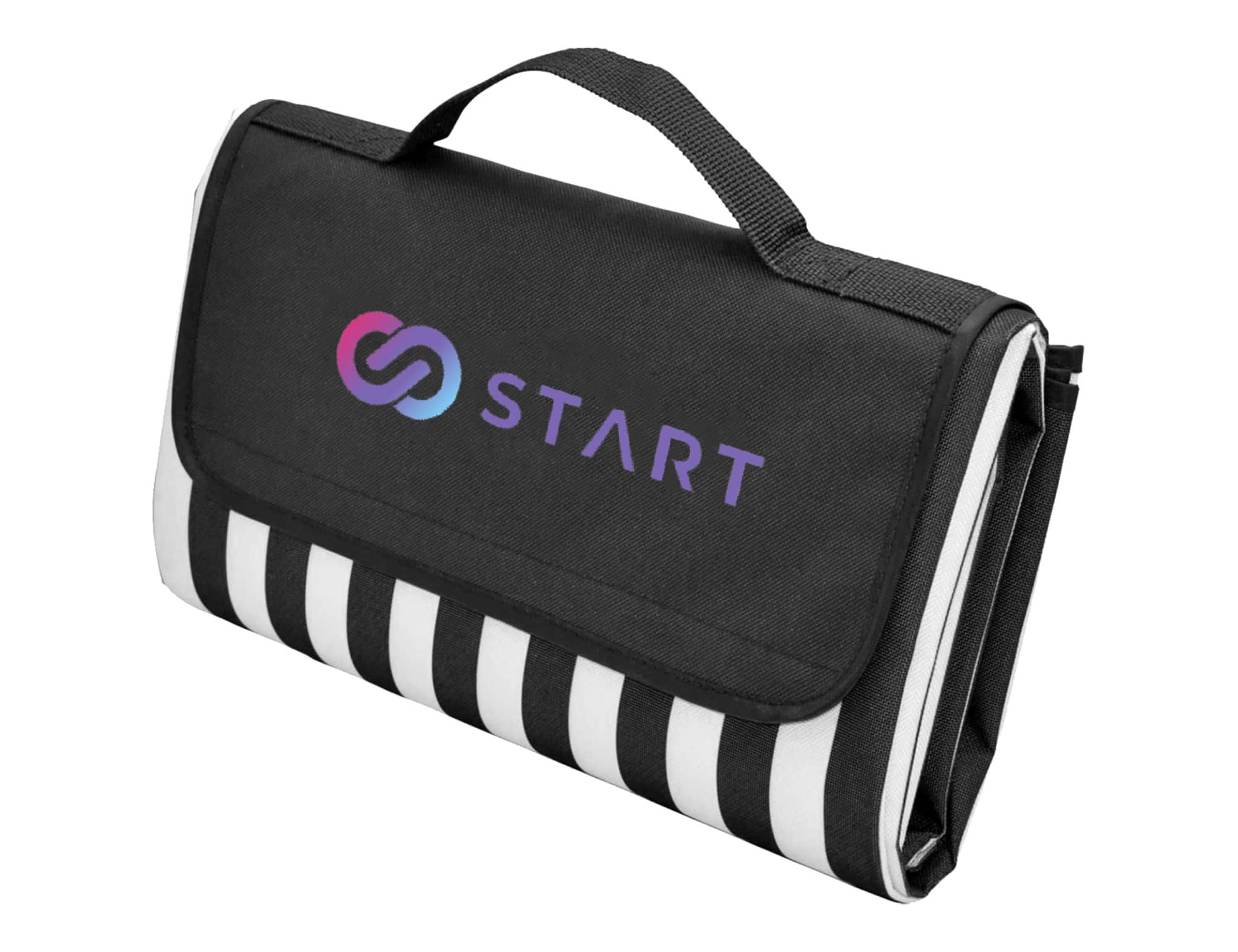 A black and white striped picnic rug featuring a carry handle and a logo on the front. Ascot Picnic Rug, Black - Extra Large - Image 1