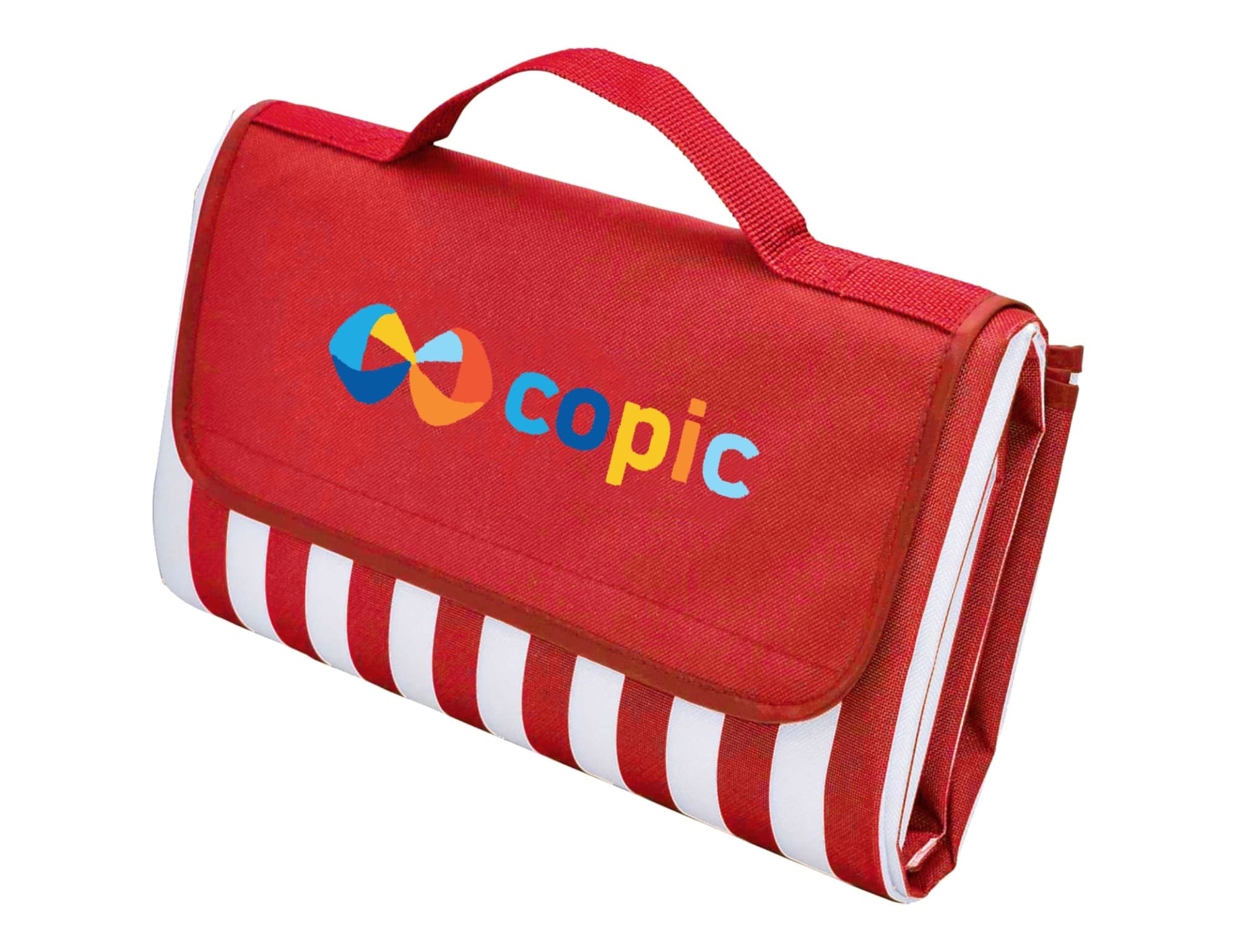 A red picnic rug with a striped pattern and a handle, featuring a logo on the front. Ascot Picnic Rug, Red - Extra Large - Image 1