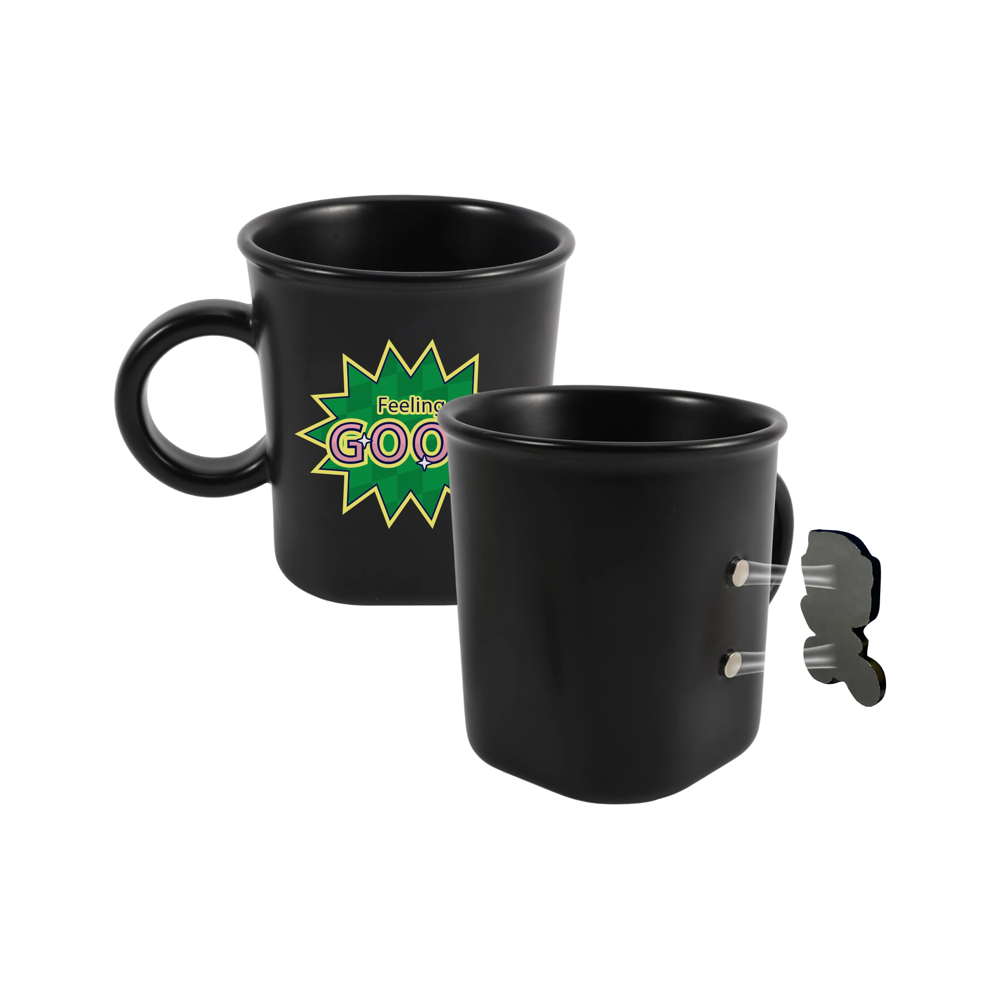 A black ceramic coffee mug with a handle and a logo, featuring a unique magnetic element. Magnetic Ceramic Coffee Mug - Image 1