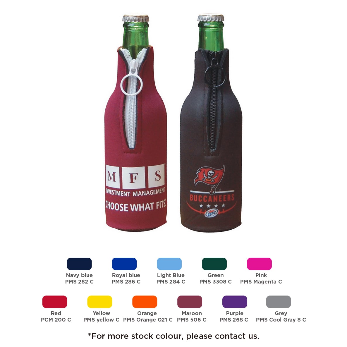 A drink bottle cooler featuring a zippered design in maroon and black, with branding and a variety of colour options below. Zippered Bottle Cooler - Image 1