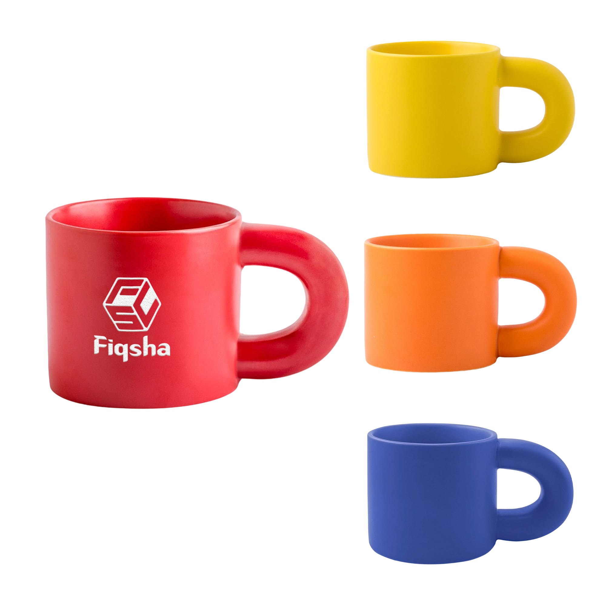 A set of four ceramic coffee mugs in red, yellow, orange, and blue, featuring a logo on the red mug. Laser Engraving Ceramic Coffee Mug - Image 1