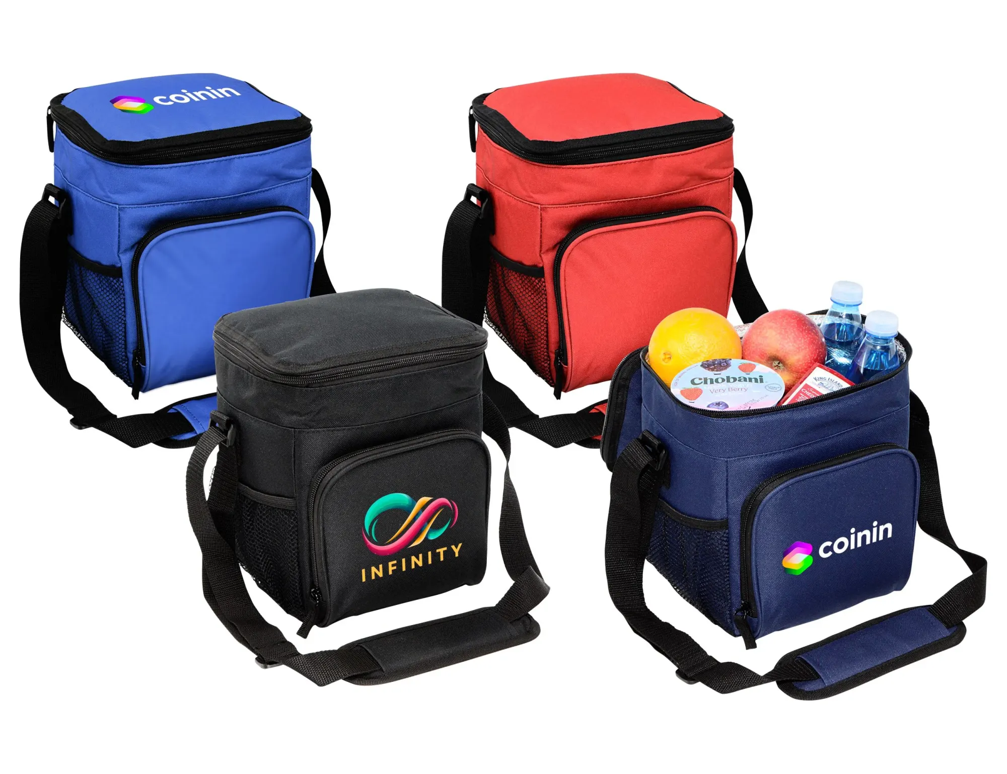 Four cooler bags in blue, red, black, and a mix of items including fruit and water bottles in the black one. Each bag has a logo. Cruiser Waterproof Cooler - Image 1