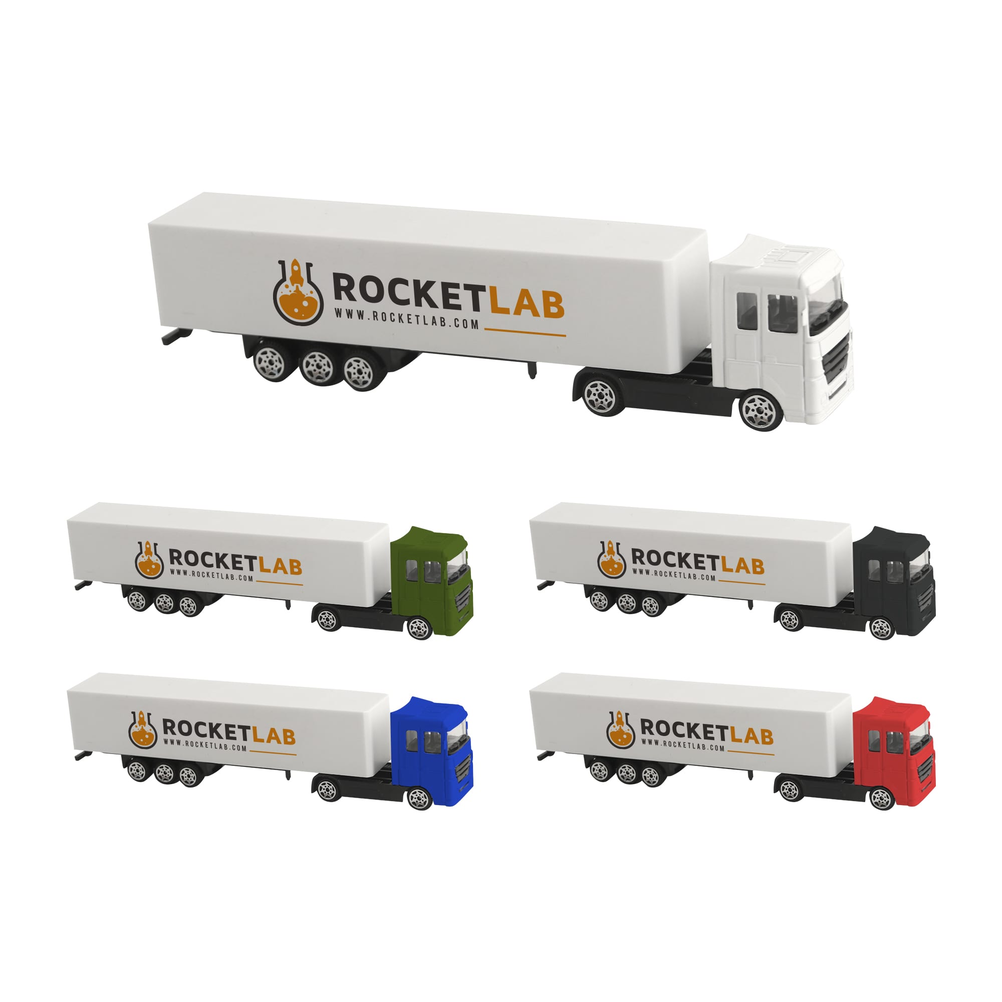 A collection of four miniature trucks in red, blue, green, and white, with a logo on the side of each. Truck - Image 1