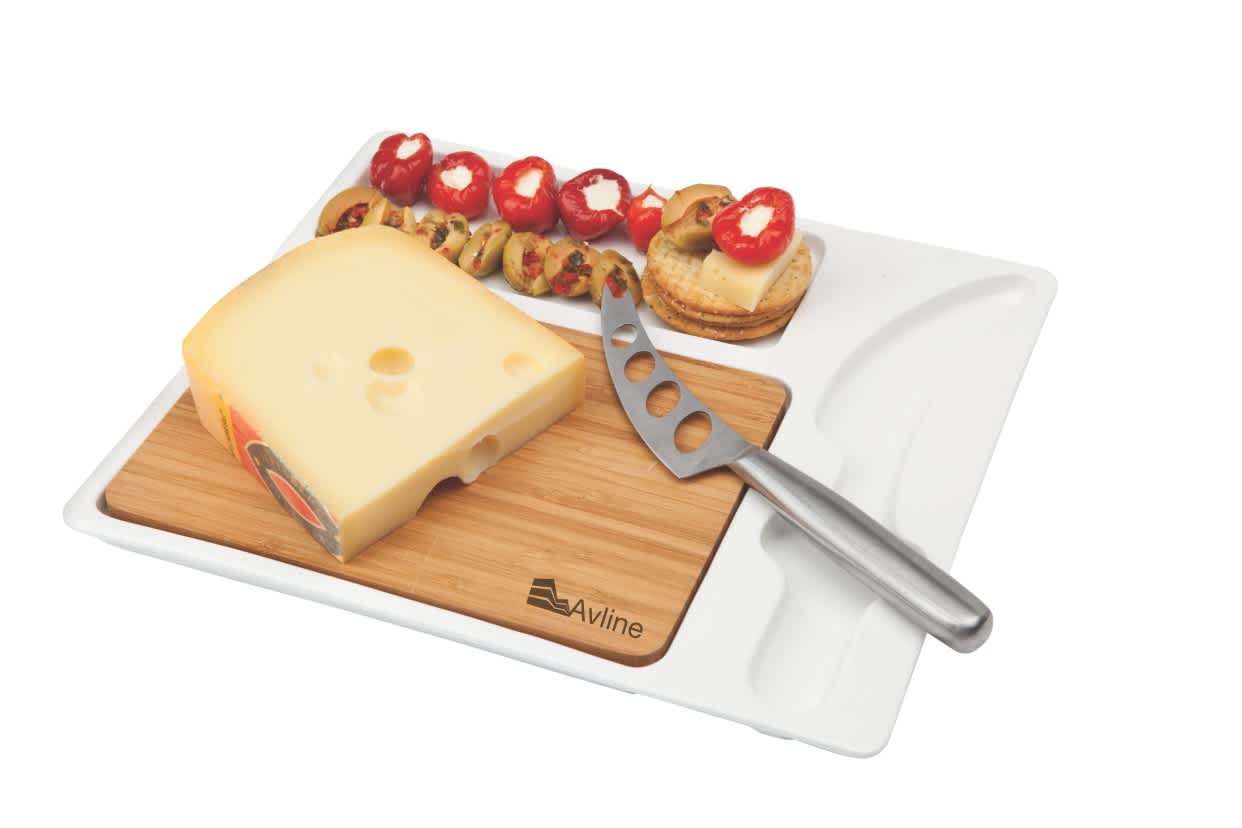 A cheese board with a wooden base, a cheese wedge, a stainless steel knife, and assorted snacks in a white tray. Snack-Rack - Image 1