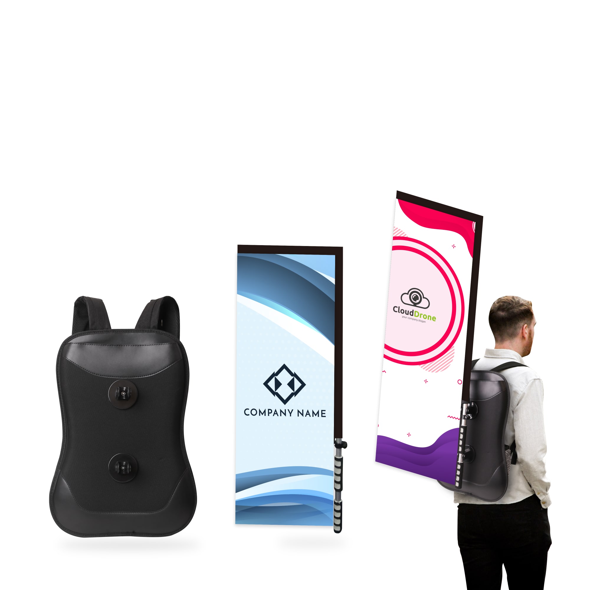 A black rectangle backpack with a flag attachment, featuring vibrant designs and a logo on the front. Rectangle Backpack Flag - Image 1