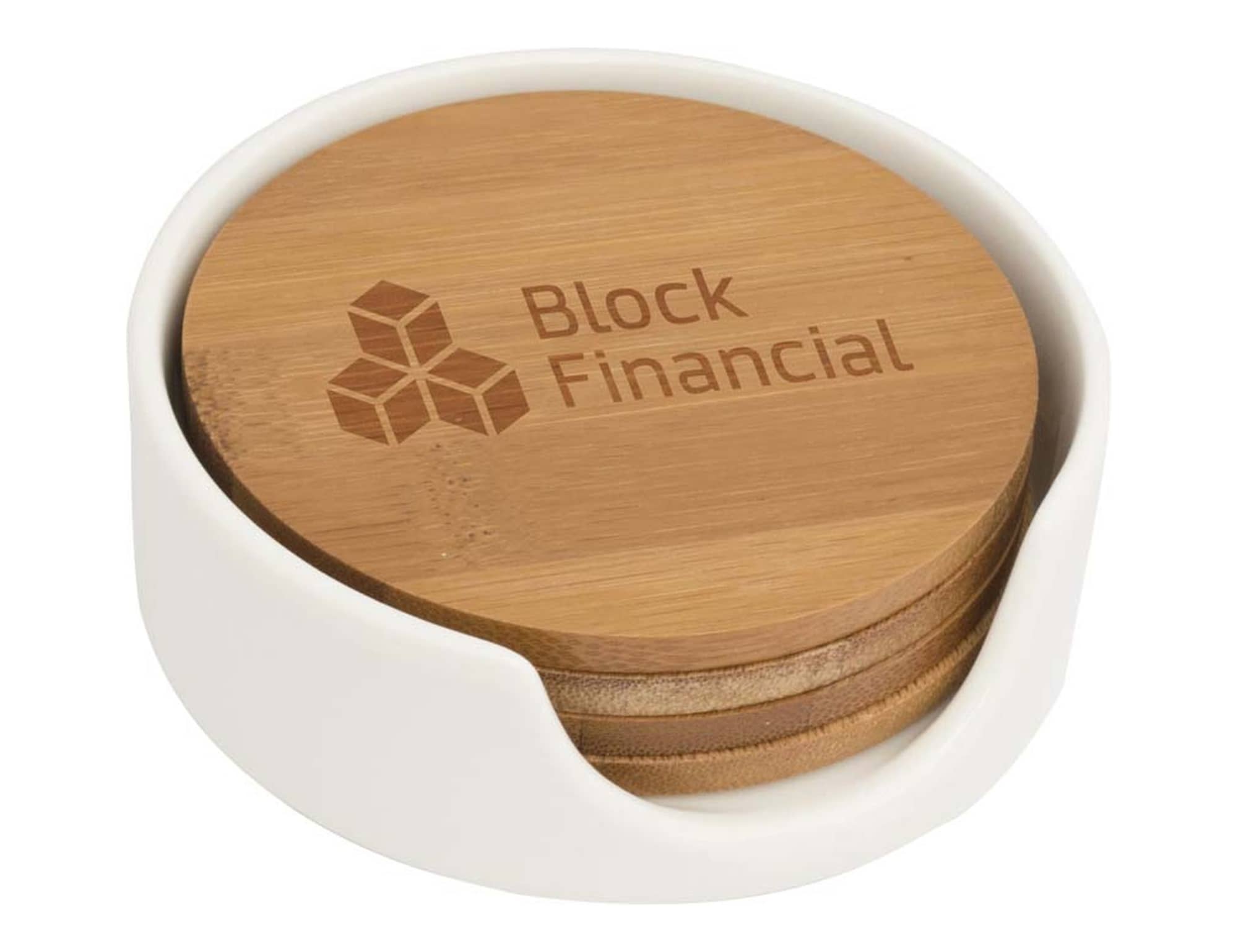 A bamboo coaster set in a white holder, featuring a logo on the coasters. Brunswick Bamboo Coaster Set - Image 1