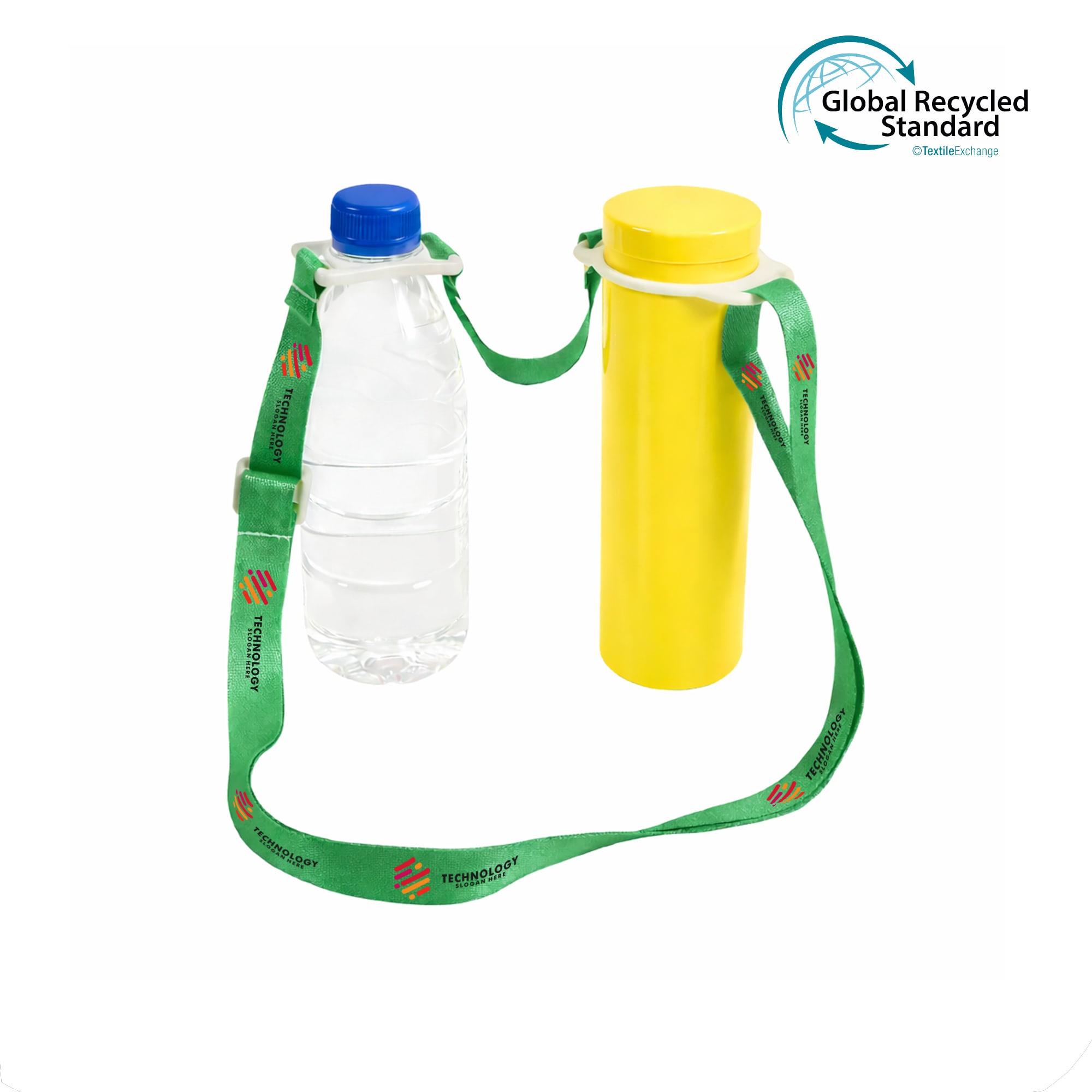 A drink bottle lanyard in green featuring a blue water bottle and a yellow container. The lanyard has a logo. RPET 2 in 1 Water Bottle Lanyard - Image 1