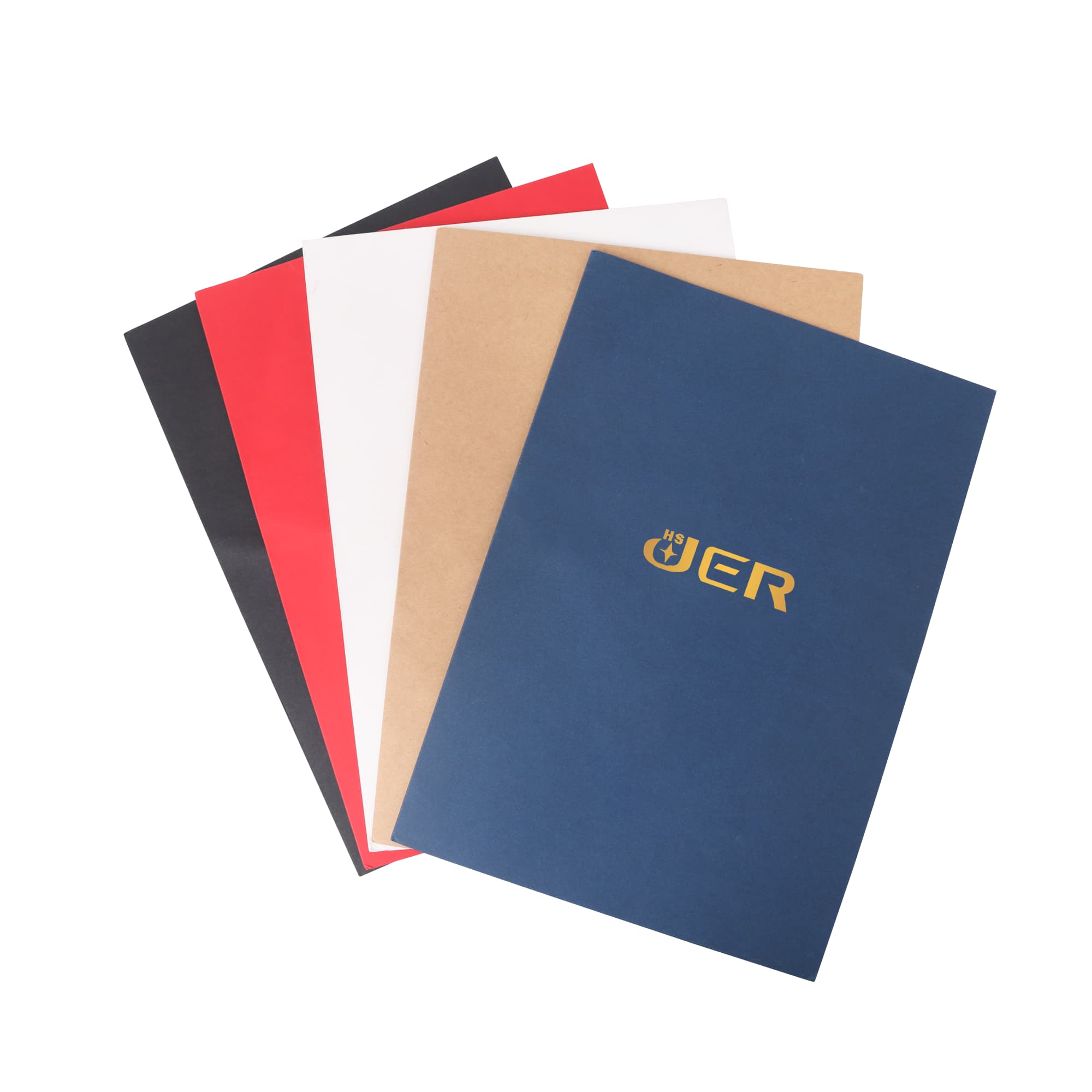 A4 presentation folder set featuring navy, red, black, white, and kraft paper colours, with one folder displaying a logo. A4 Presentation Folder - Image 1