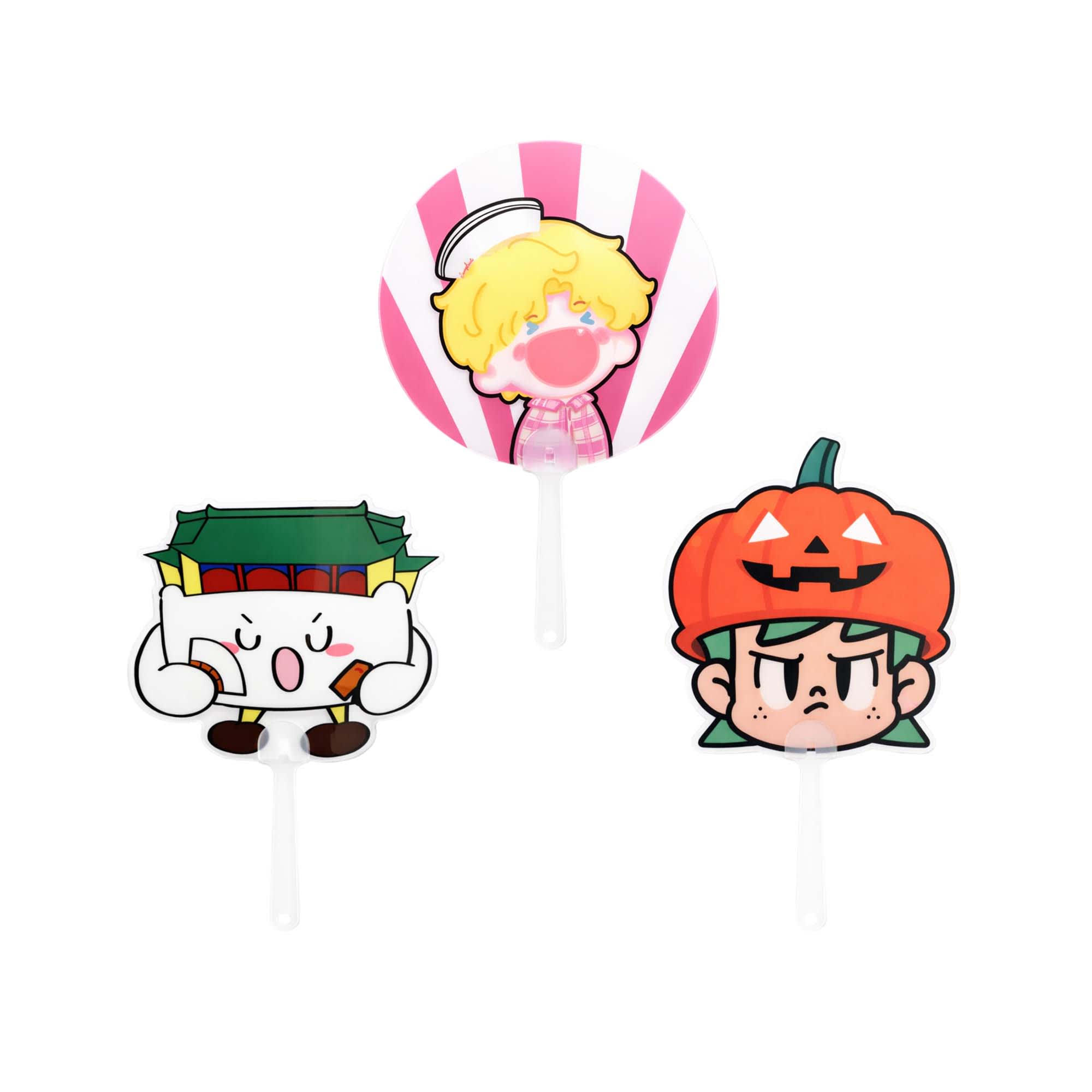 Three custom-shaped transparent PVC hand fans in vibrant colours featuring cartoon characters with different expressions. Custom Shape Transparent PVC Hand Fan A - Image 1