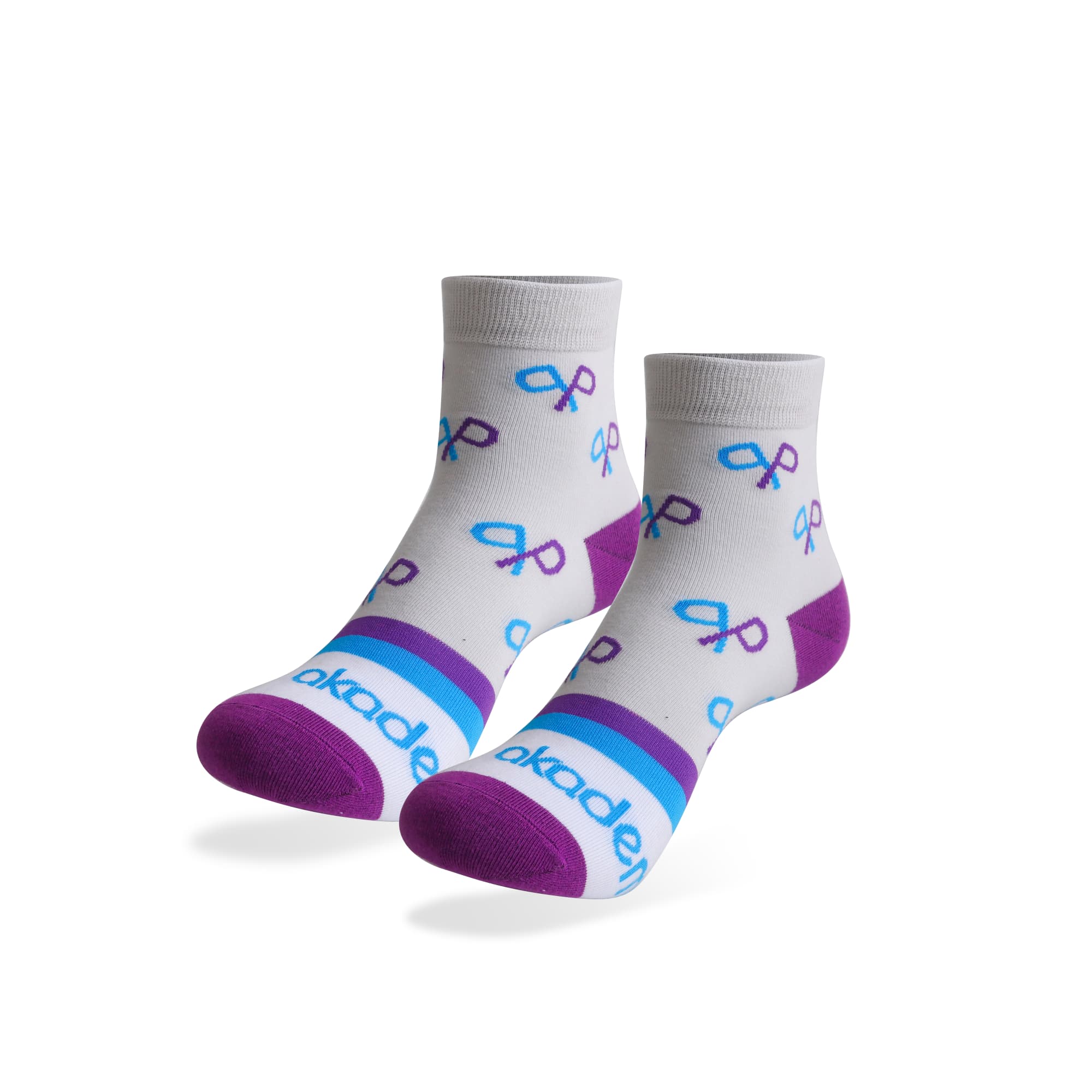Ankle socks in grey with purple and blue patterns, featuring a towel bottom and a logo on the band. Ankle Custom Pattern Socks - With Towel Bottom - Image 1
