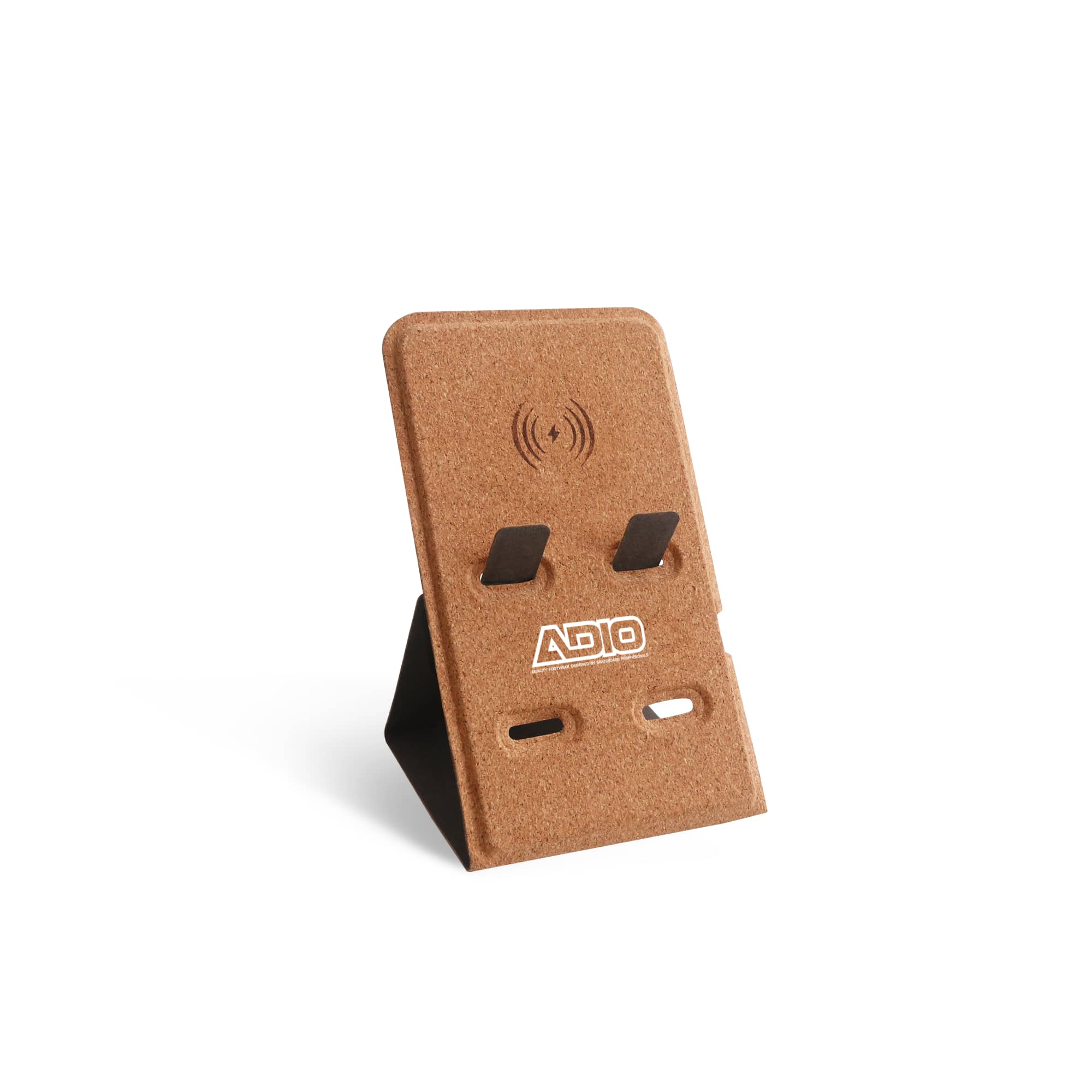 A cork-finished wireless charger with a stand, featuring two slots and a logo at the base. 10W Stand Cork Wireless Charger - Image 1