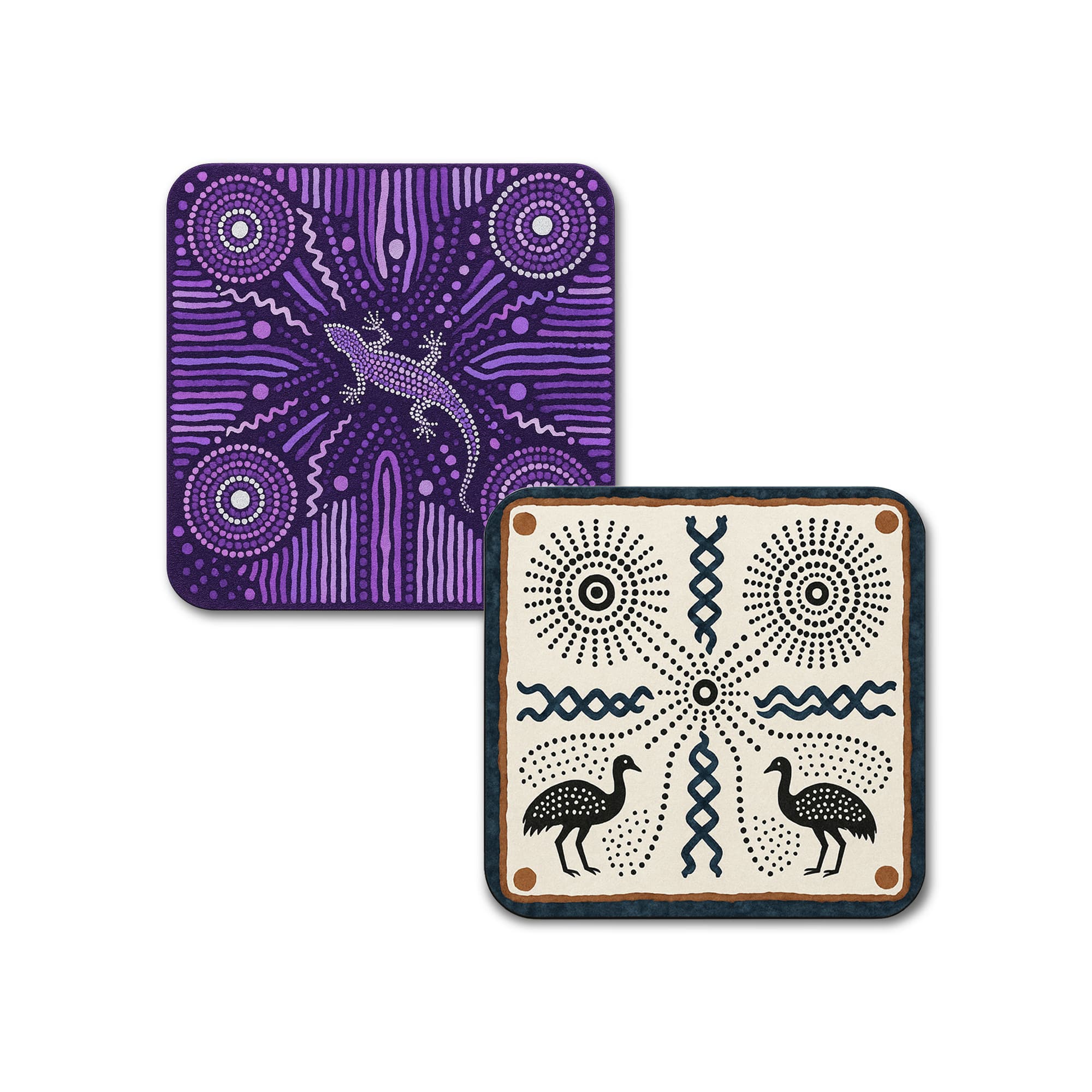 A square coaster set featuring vibrant purple and cream designs with lizards and birds, showcasing Indigenous art styles. Square Soft Diatomaceous Coaster - Image 1