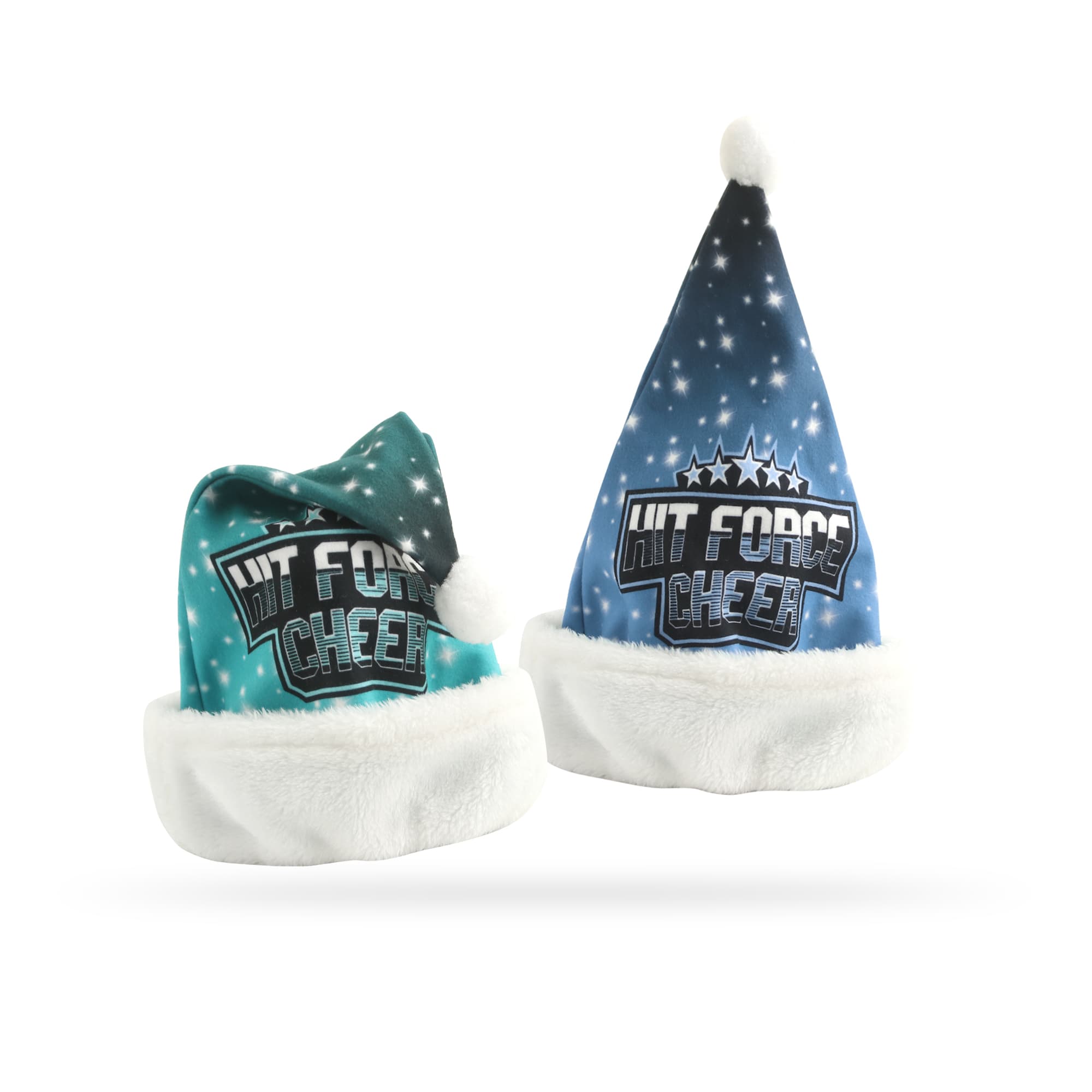 A pair of premium Santa hats in turquoise and blue with a white fur trim and a logo on each. Full Colour Premium Regular Santa Hat - Image 1