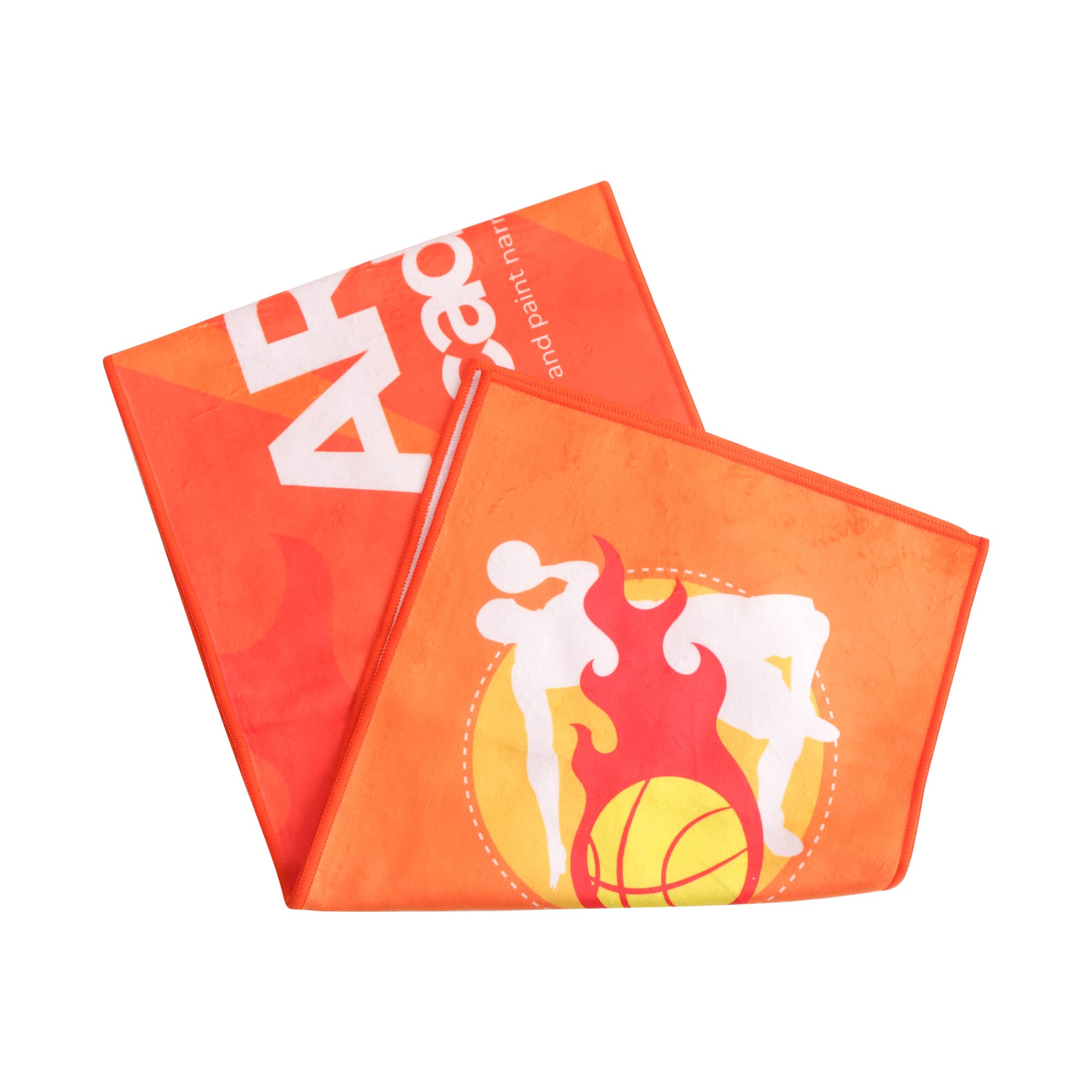 An orange sports towel featuring graphic designs, folded neatly, with a logo visible. Suitable for gym use. Colour Sports Towel (30x130cm) - Image 1