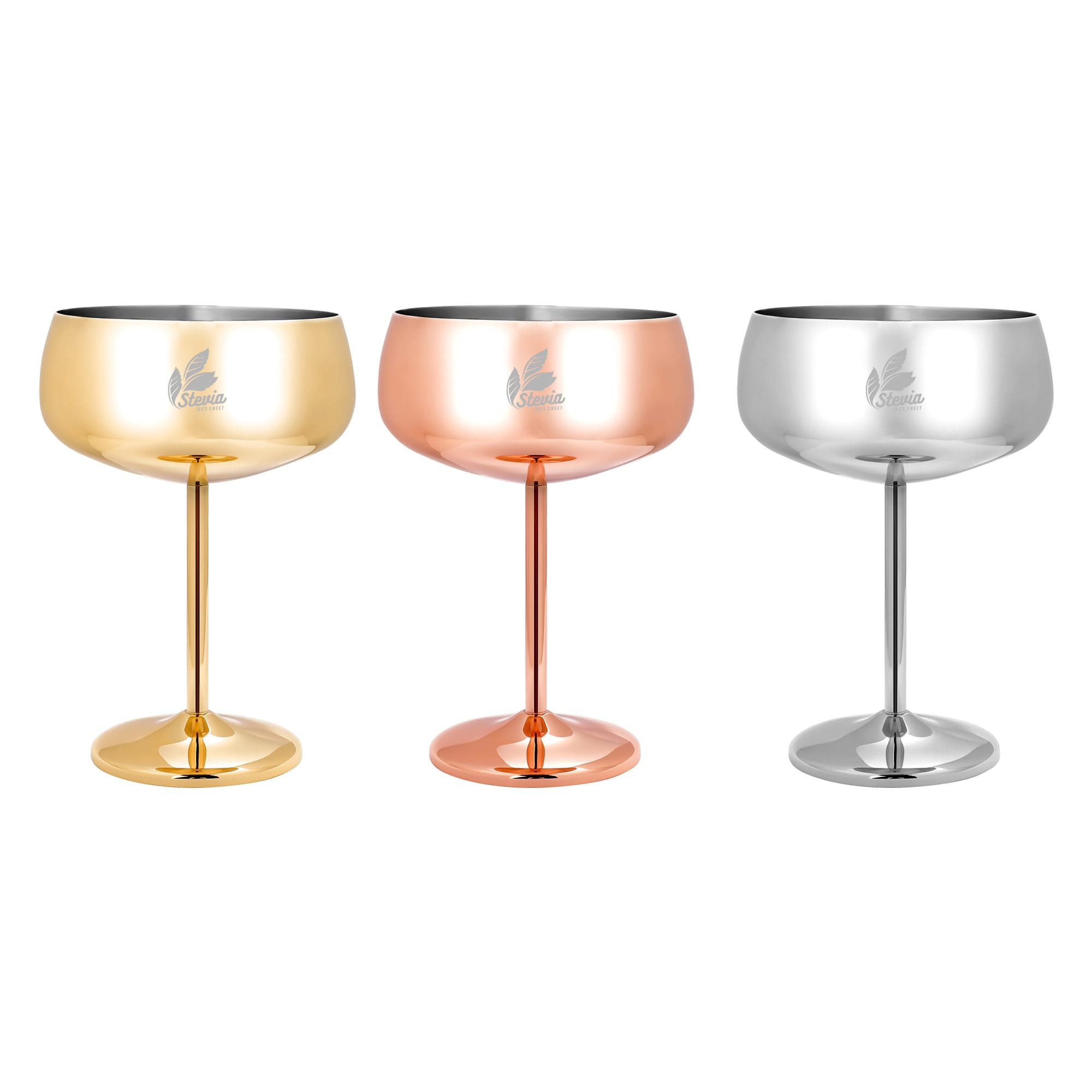 A set of three stainless steel cocktail coupes in gold, rose gold, and silver finishes, each with a pedestal base. Stainless Steel Cocktail Coupe - Image 1