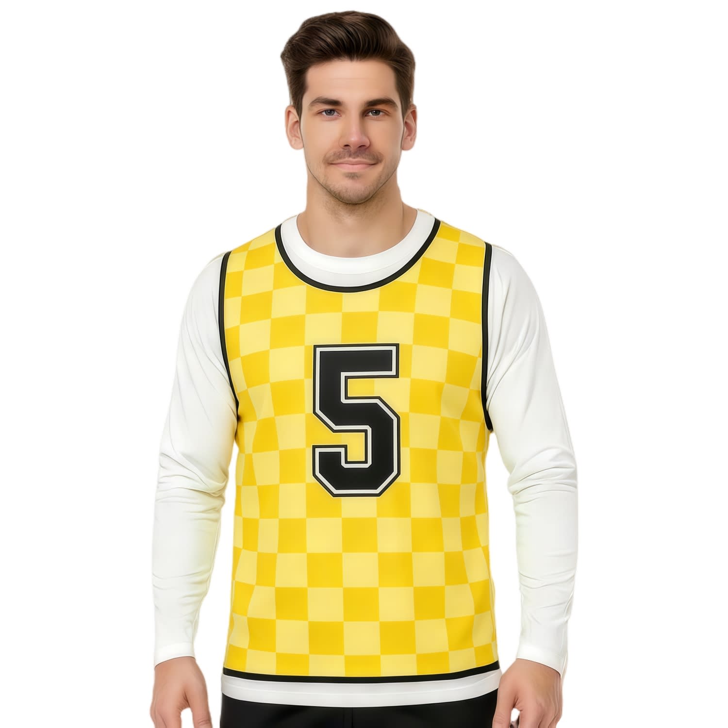 A man wearing a yellow checkered training bib with a black number 5 on the front and a white long-sleeve shirt underneath. 100% Polyester Mercerized Sublimated Training Bib - Image 1
