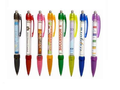 A collection of plastic pens in various colours, featuring clear barrels showcasing internal designs and a logo. Banner Pen - Image 1